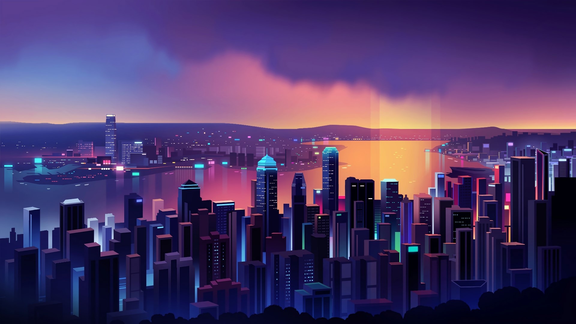 Neon city skyline at sunset over water HD Wallpaper