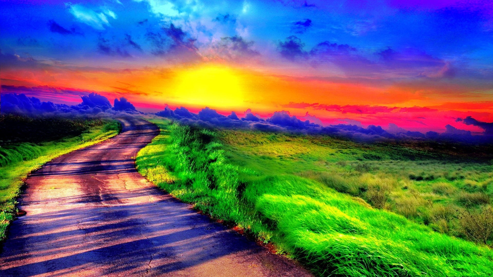 Road through green hills at sunset HD Wallpaper