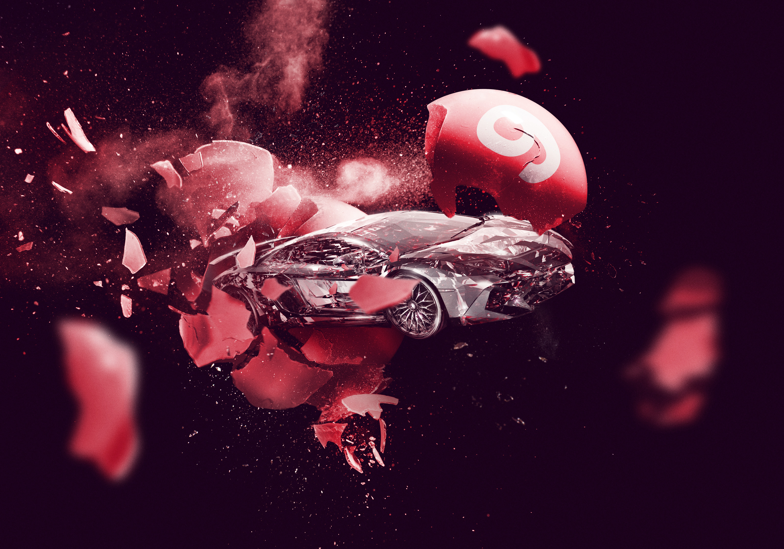 CGI Lamborghini smashing out of a red egg HD Wallpaper