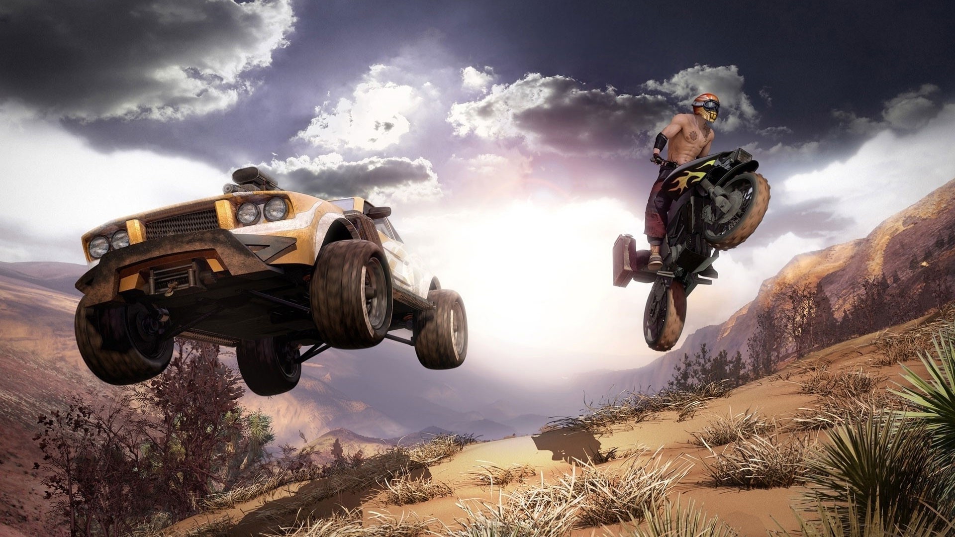 Off-road SUV and motorcycle in mid-air jump HD Wallpaper