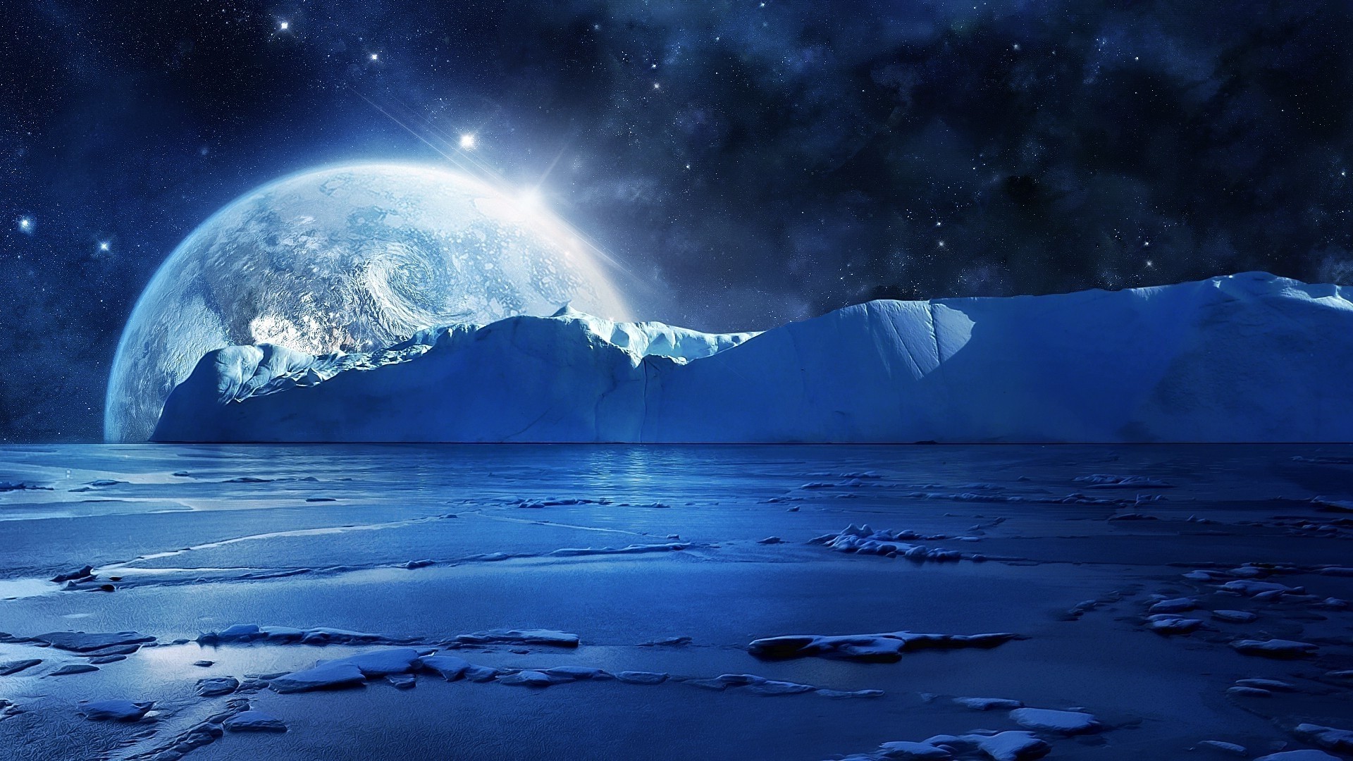 Planet Earth rising over icy landscape in space HD Wallpaper