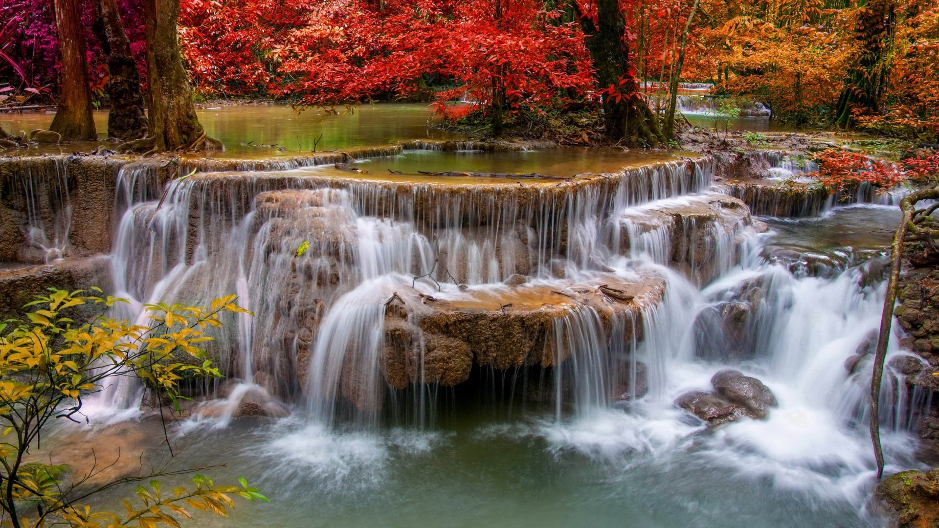 Waterfall with autumn foliage HD Wallpaper
