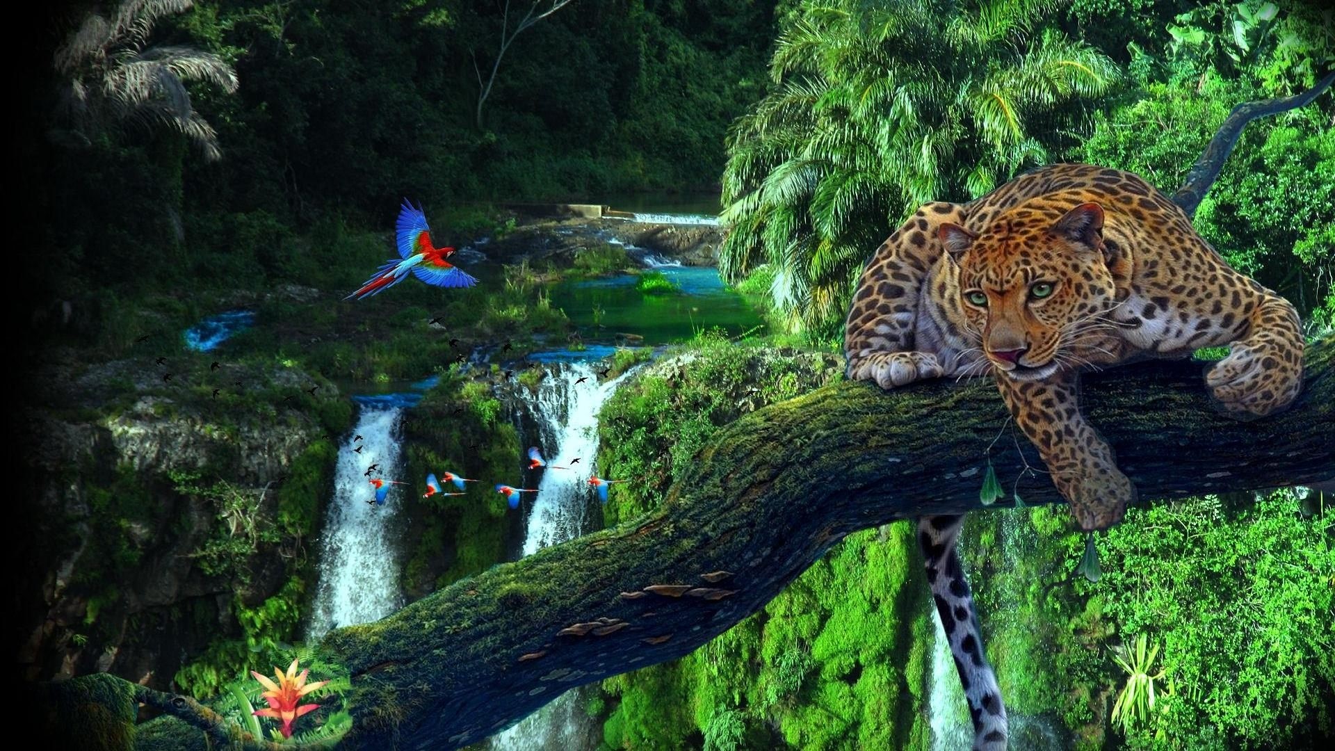 Leopard on a tree branch in a jungle with waterfalls HD Wallpaper