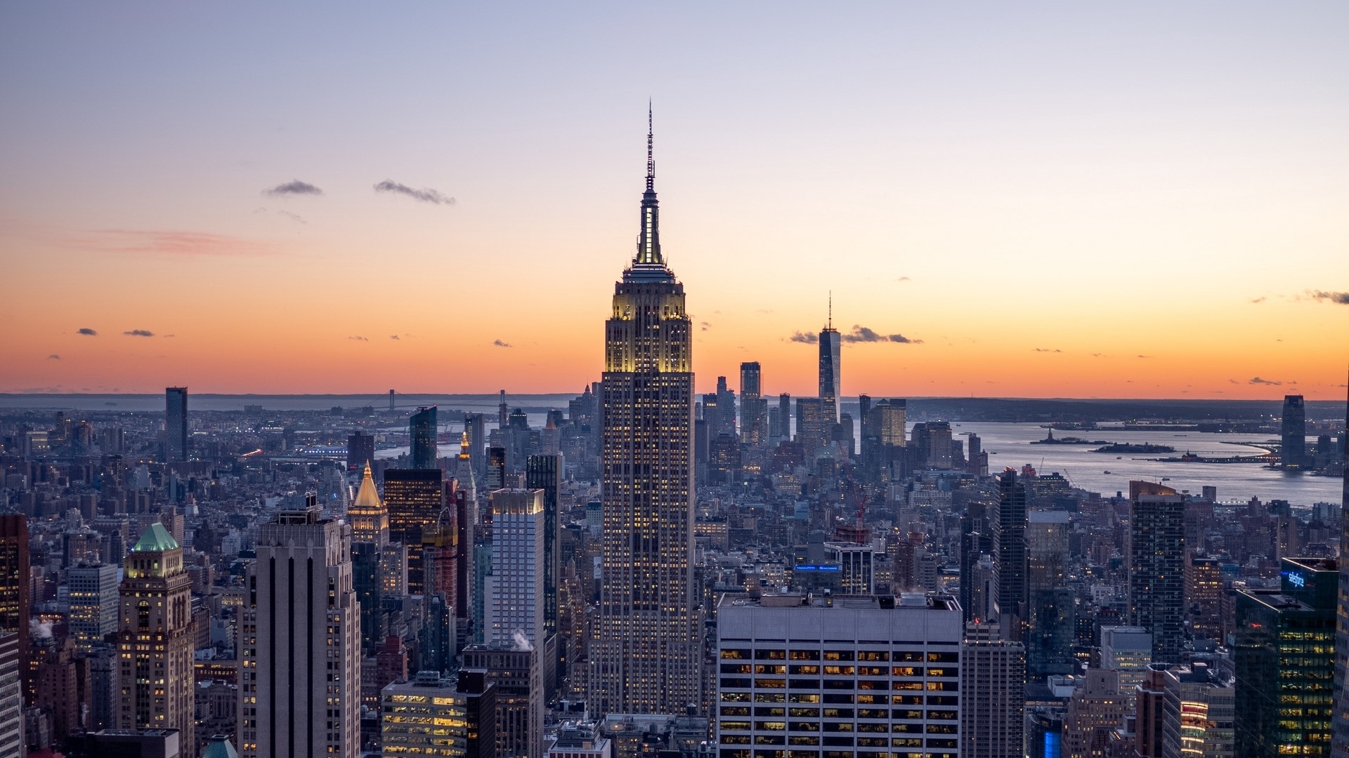 Empire State Building and New York City Skyline at Dusk HD Wallpaper