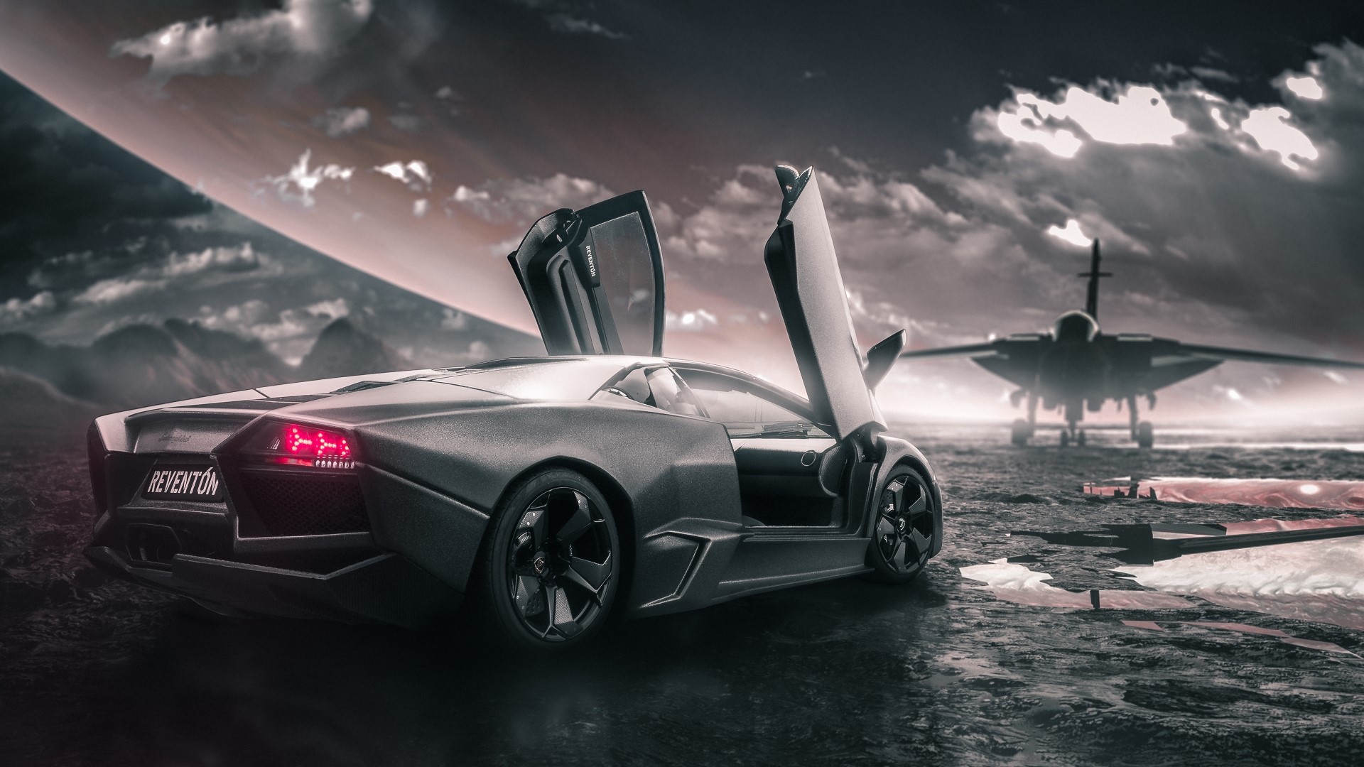 Lamborghini Reventon with fighter jet on alien planet HD Wallpaper