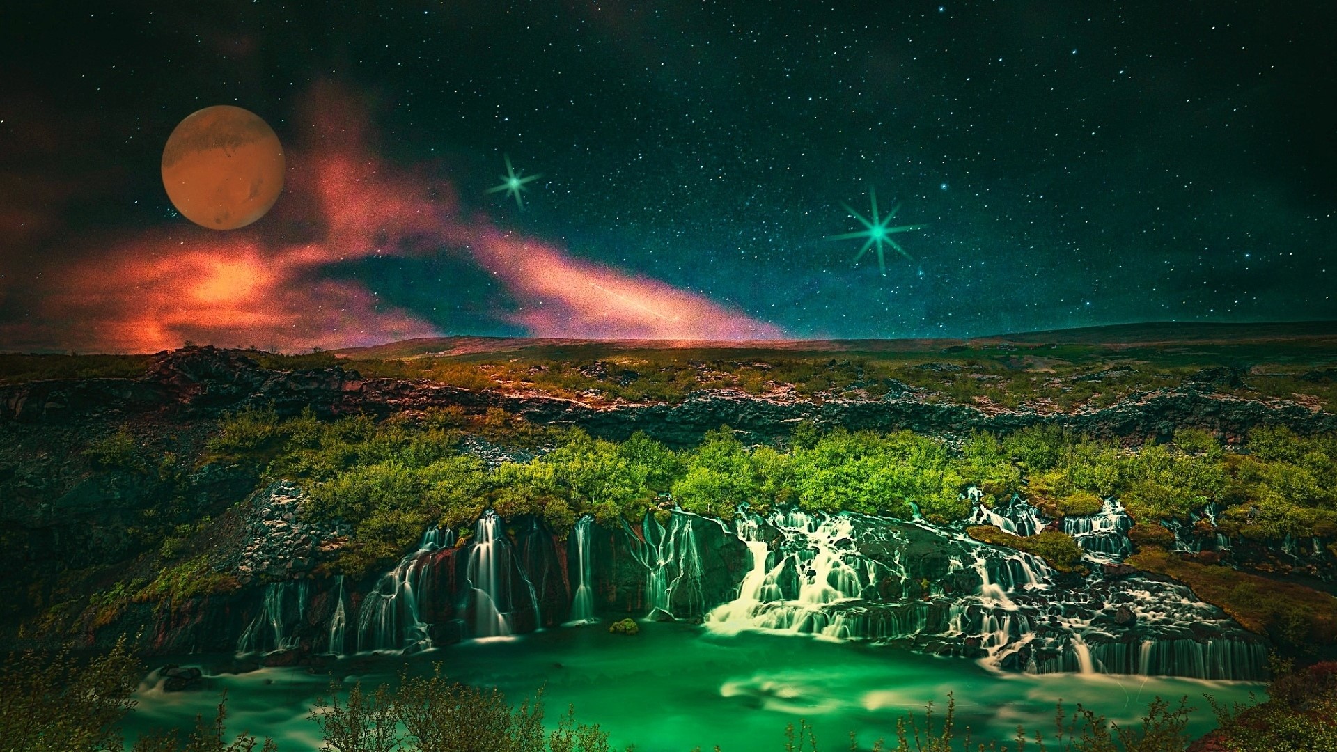 Alien landscape with waterfalls and starry sky HD Wallpaper