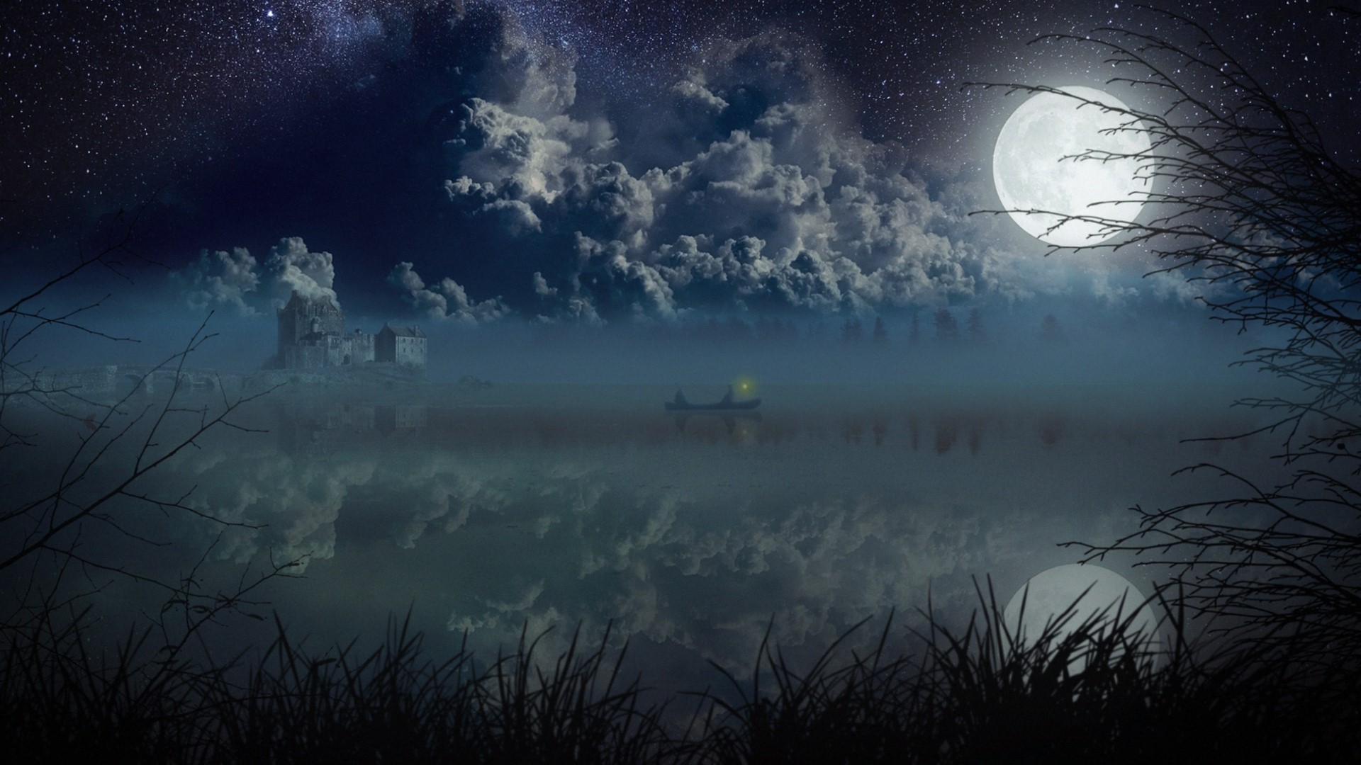 Night scene with castle, moon, and boat HD Wallpaper