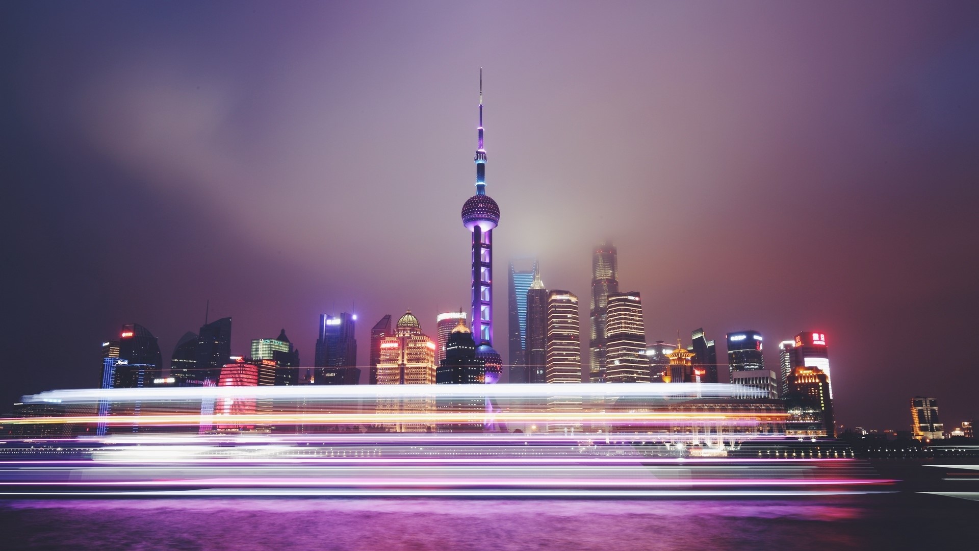 Shanghai skyline with Oriental Pearl Tower at night HD Wallpaper