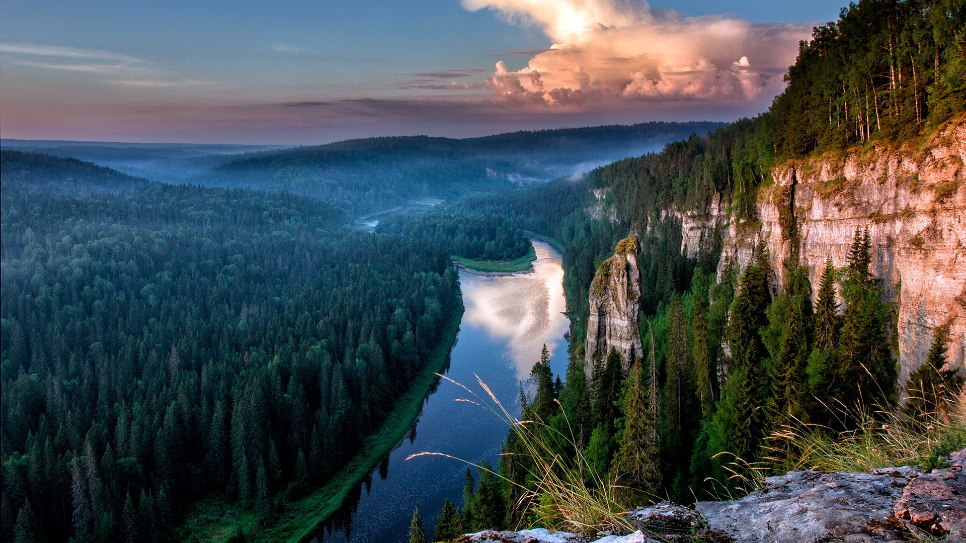 Usva River and Cliffs at Sunset HD Wallpaper