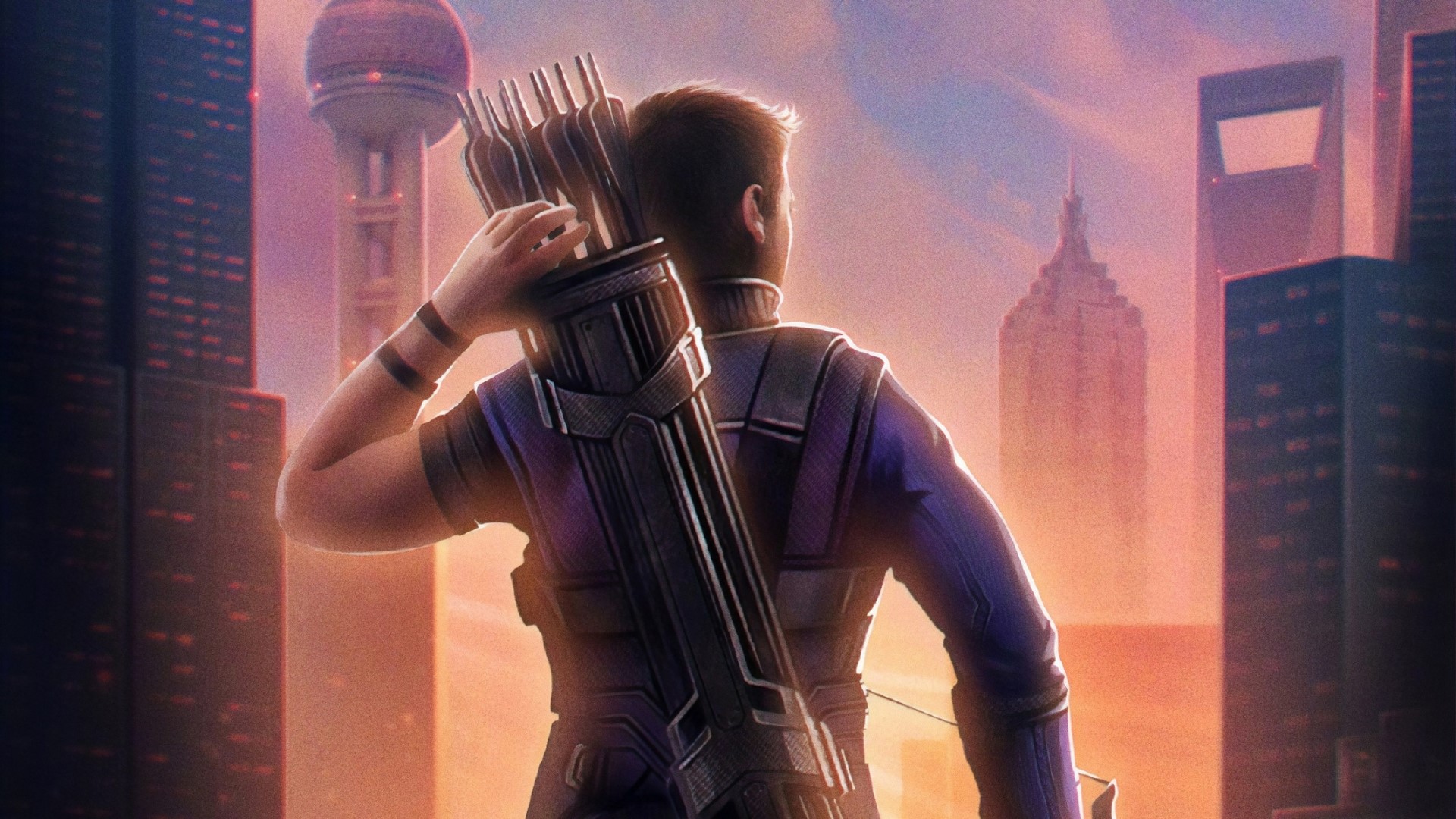 Hawkeye from Avengers Endgame in a city HD Wallpaper