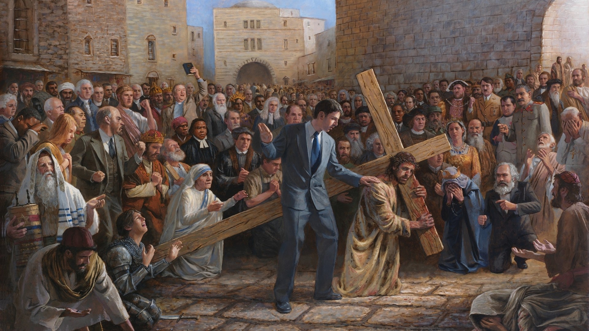 Jesus carrying the cross with historical figures HD Wallpaper