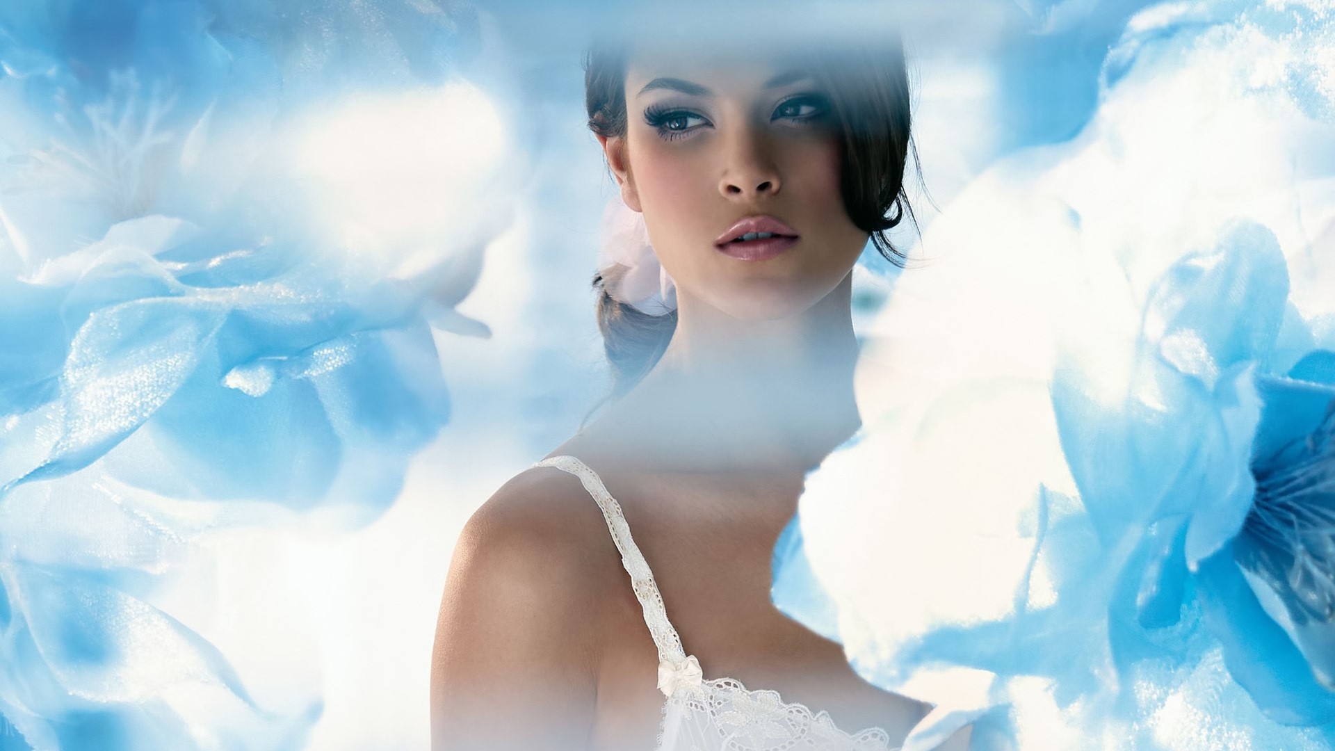 Model in white lingerie with blue flowers HD Wallpaper