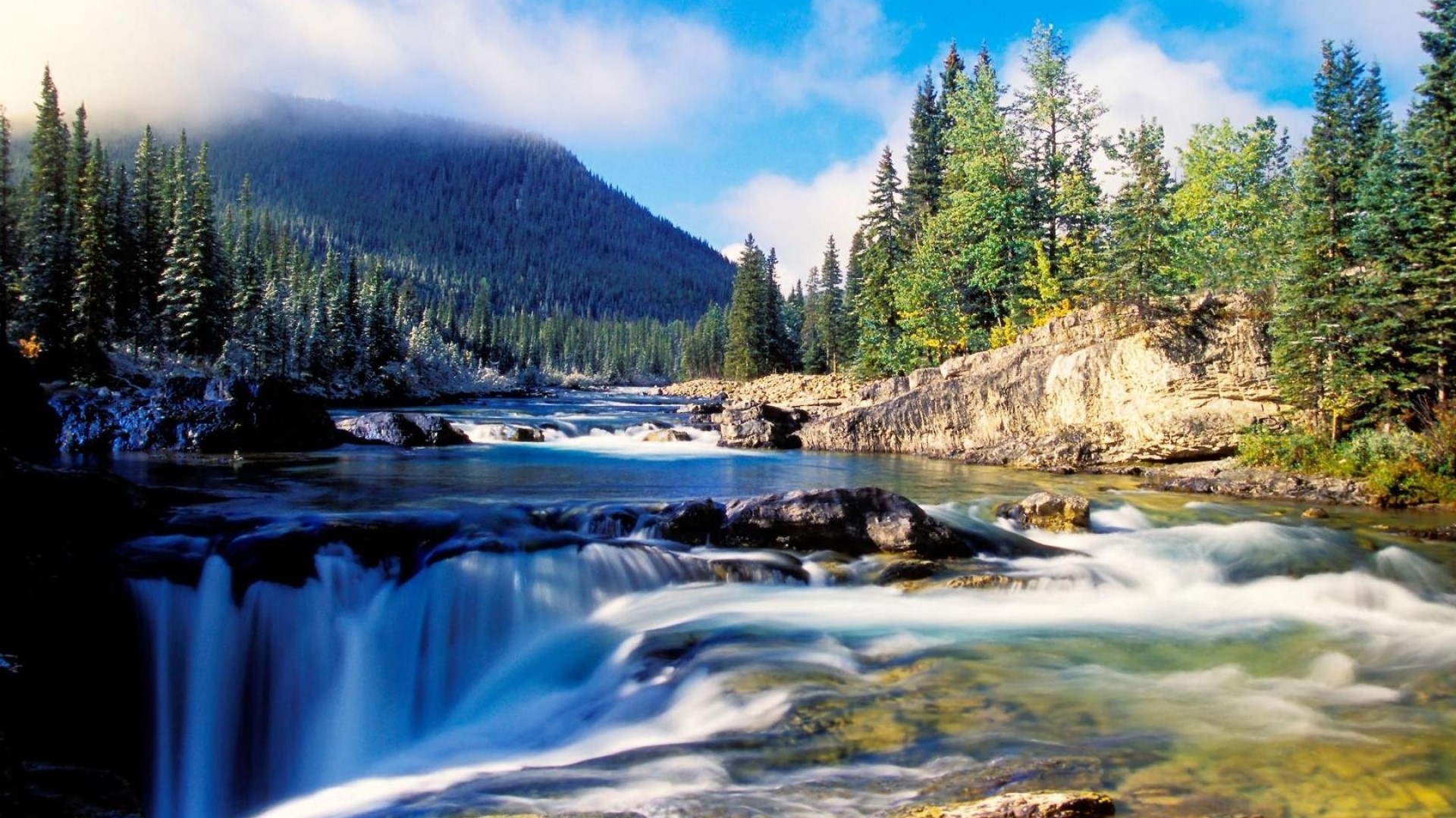 River flowing over rocks and into a waterfall with pine trees and mountains HD Wallpaper