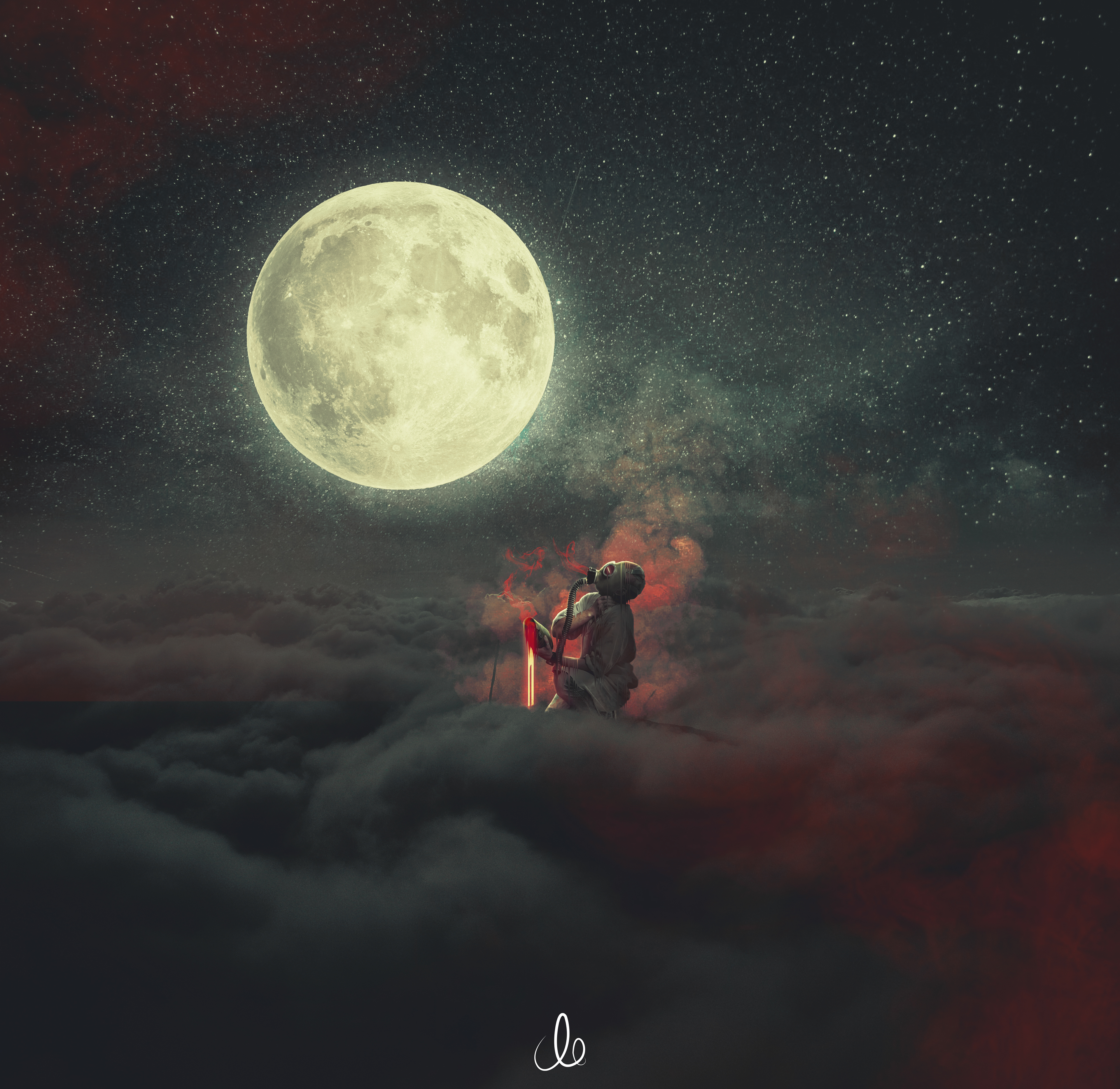 Fantasy Demon with Red Light Under the Moon HD Wallpaper
