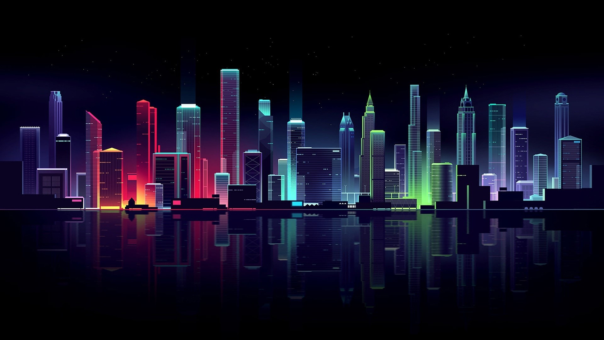 Neon Cityscape at Night with Reflections HD Wallpaper