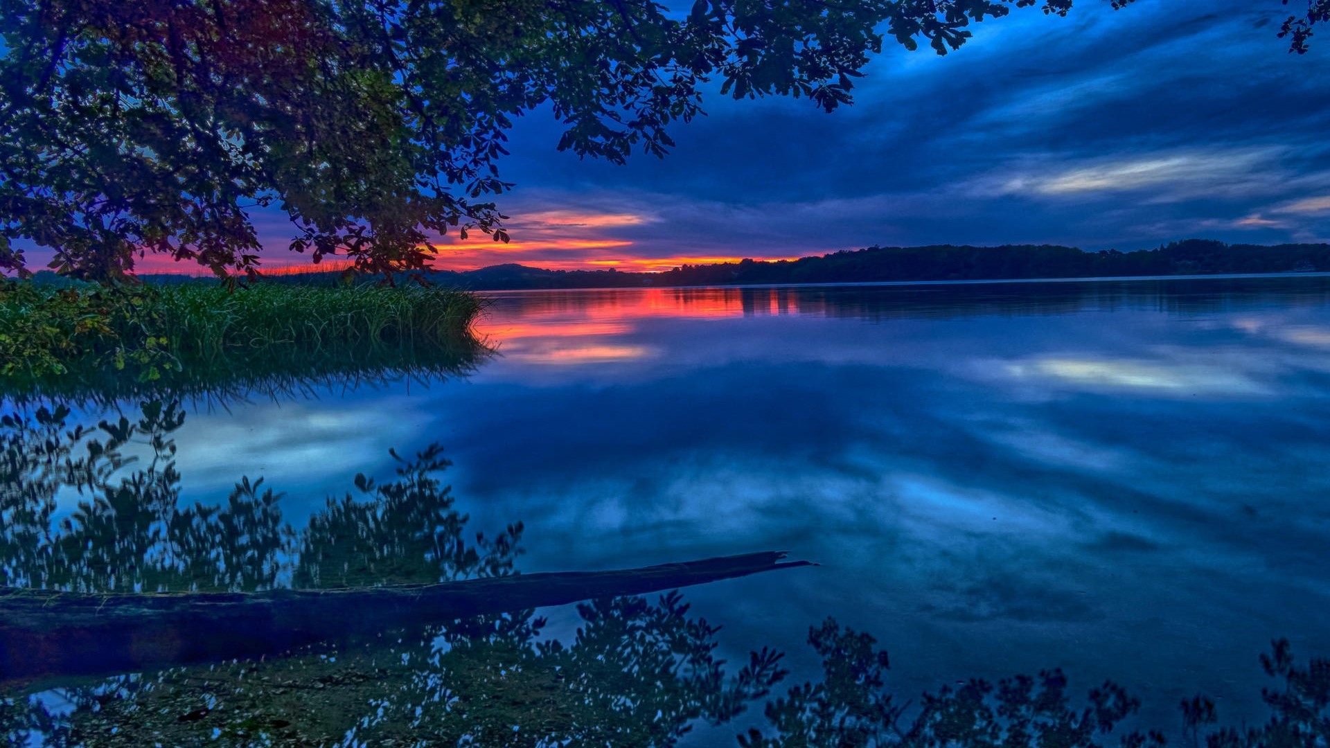 Sunset over a lake with trees and reflections HD Wallpaper