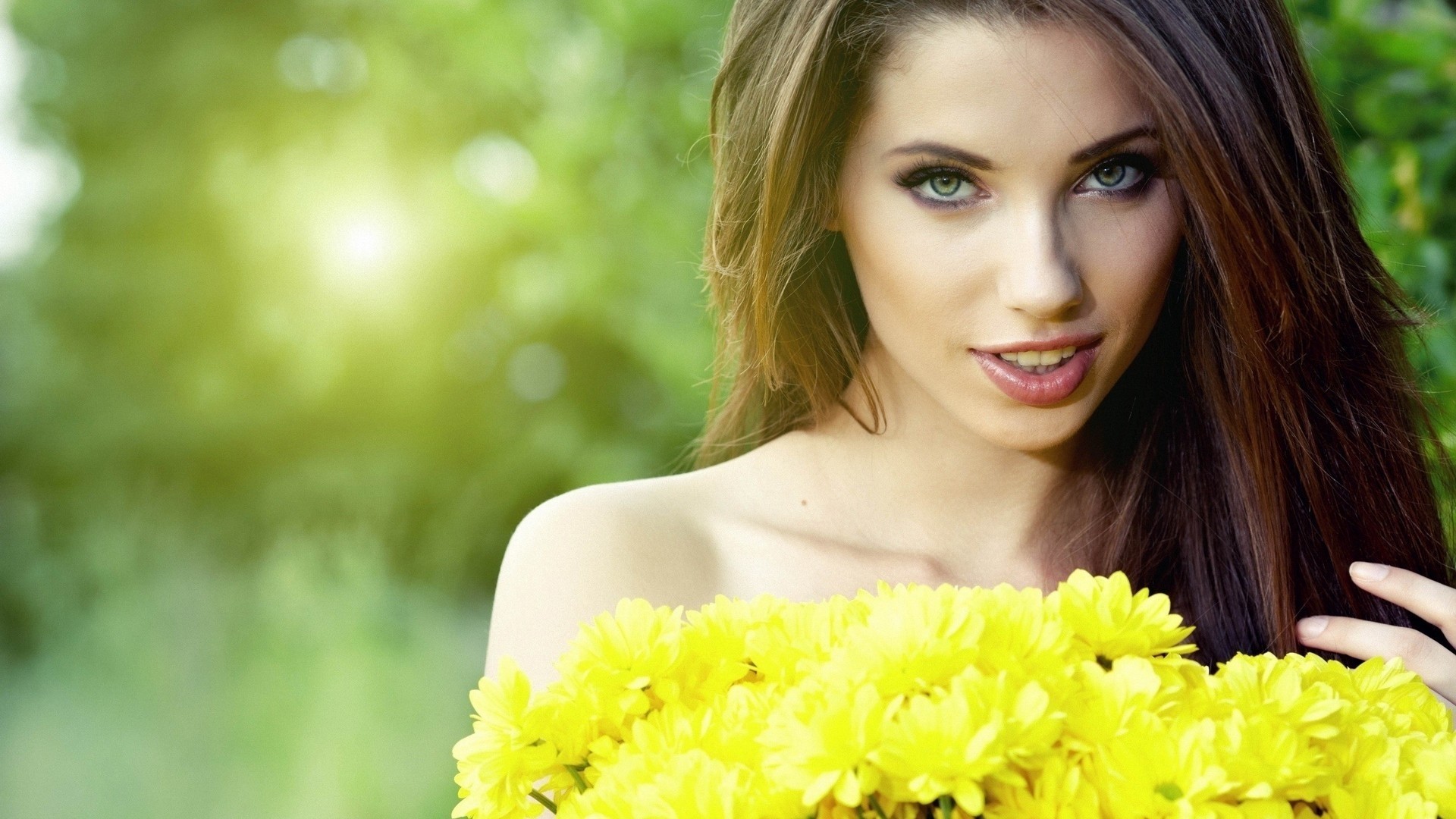 Model with yellow chrysanthemums HD Wallpaper
