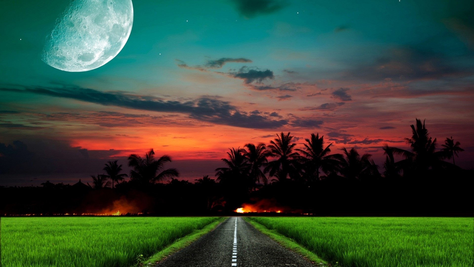 Road through a rice field at sunset with moon HD Wallpaper