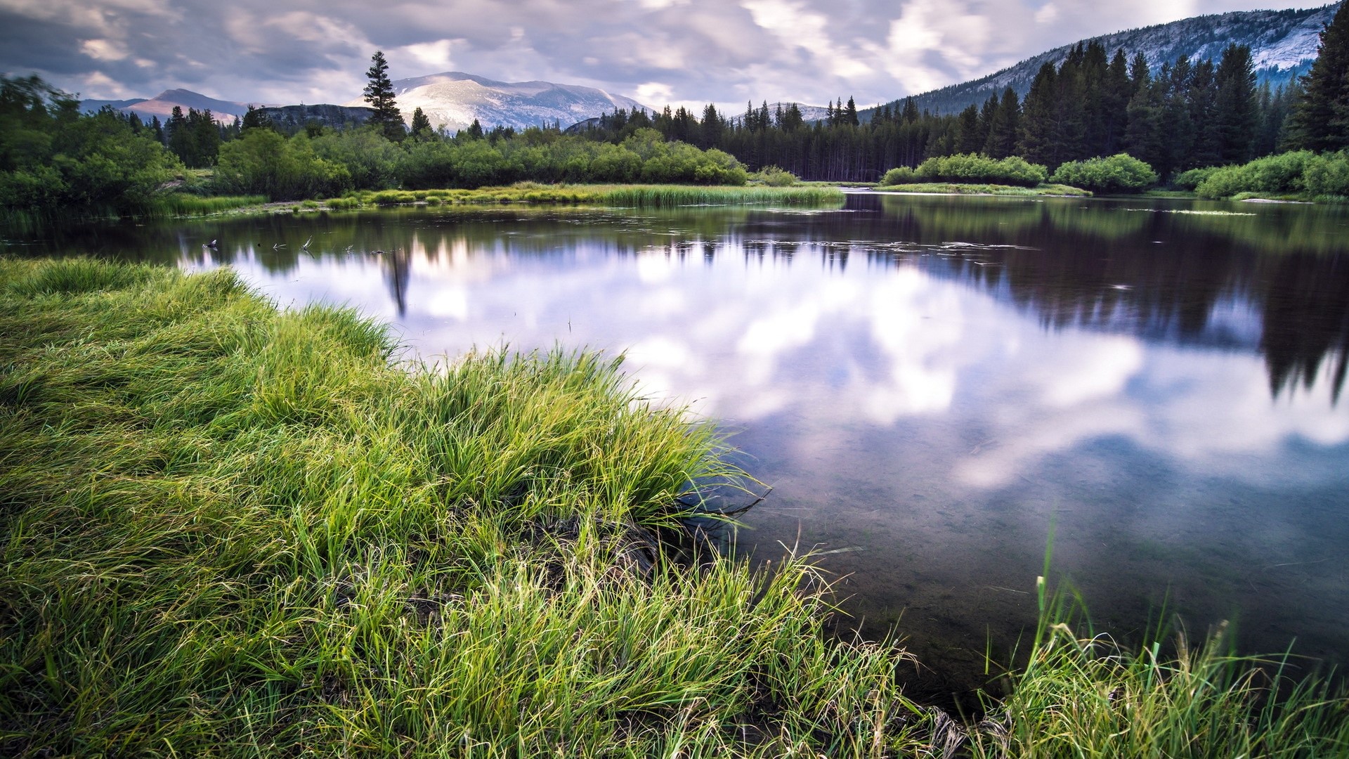 Pretty lake with mountains and trees HD Wallpaper