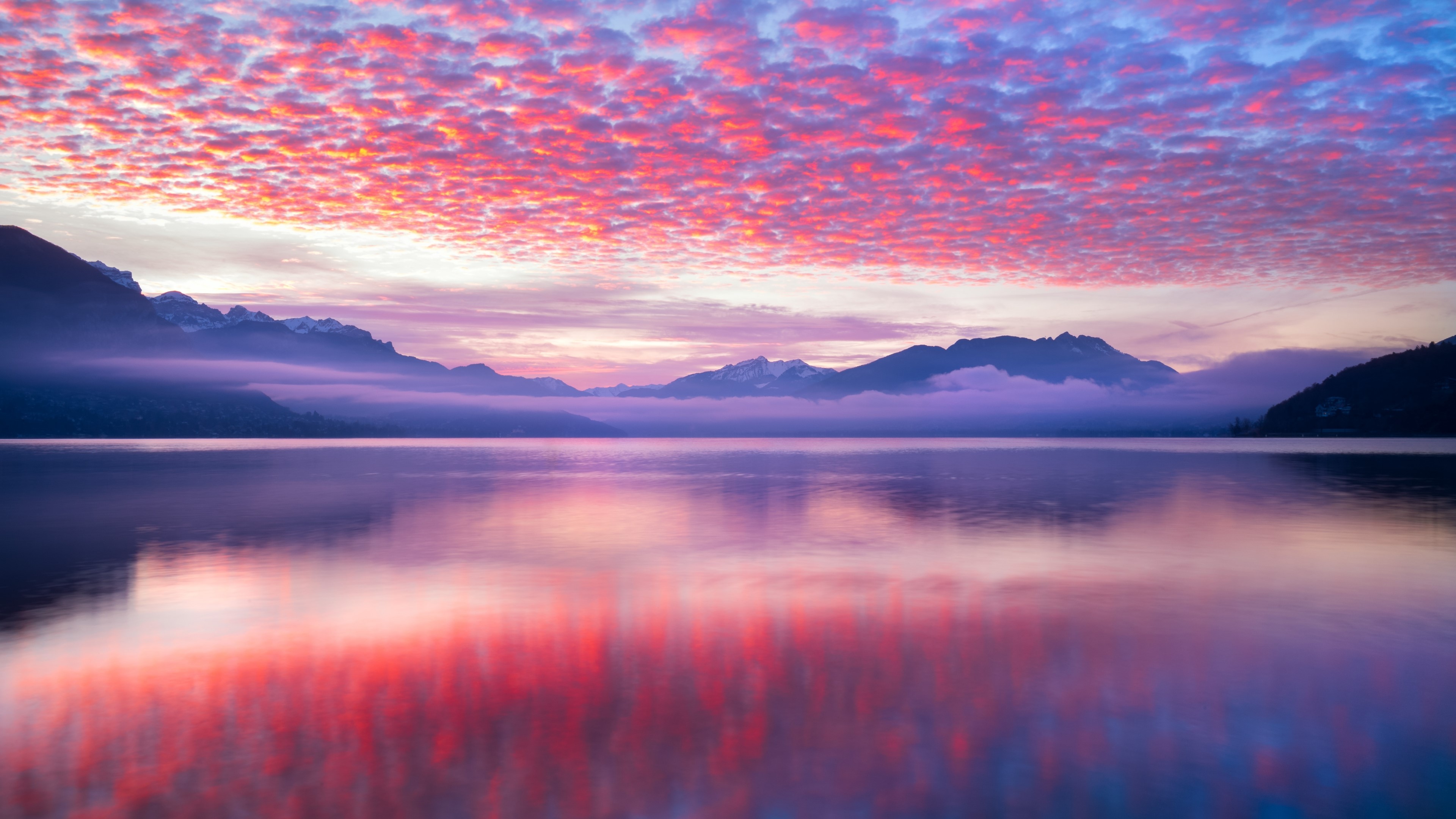 4K Pink Clouds Over Lake and Mountains HD Wallpaper