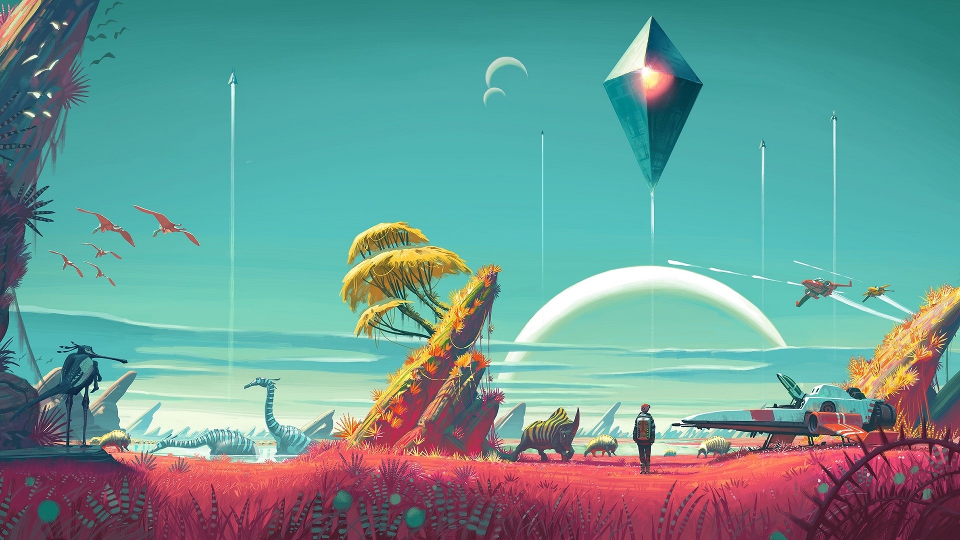 No Man's Sky alien planet landscape with spacecraft HD Wallpaper