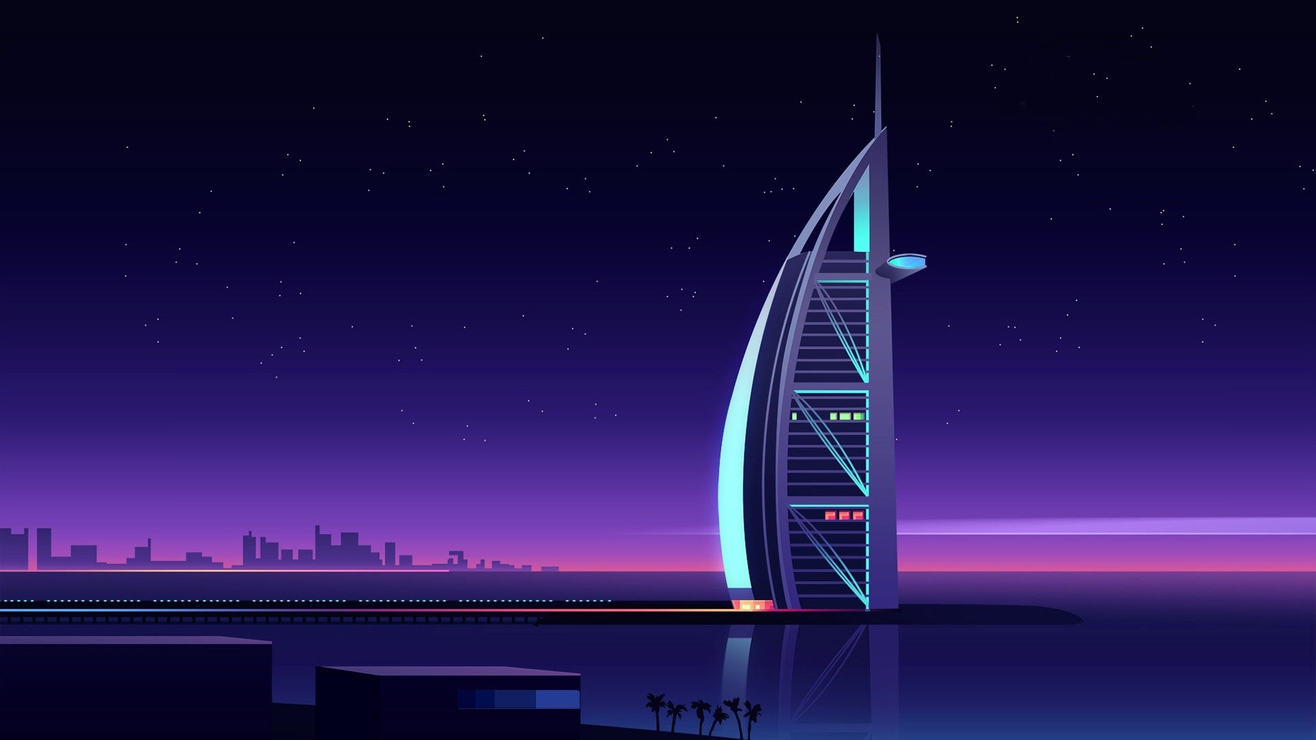 Burj Al Arab hotel at night with city skyline HD Wallpaper