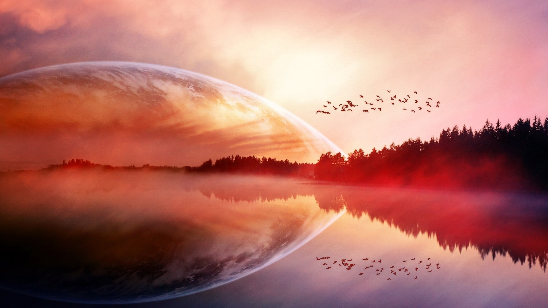 Planet over misty lake with birds and forest HD Wallpaper