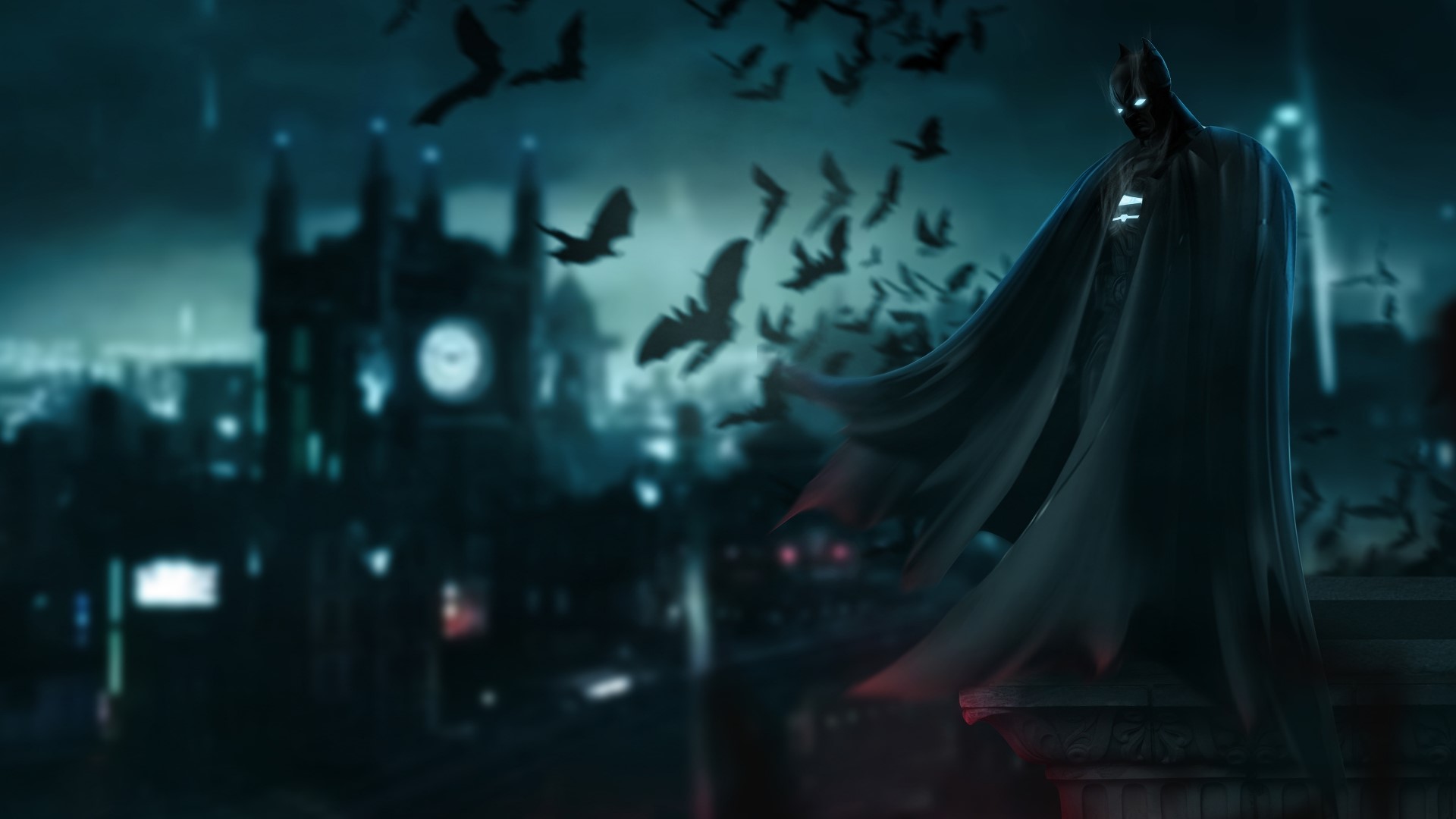 Batman from DC Comics with bats over Gotham City HD Wallpaper