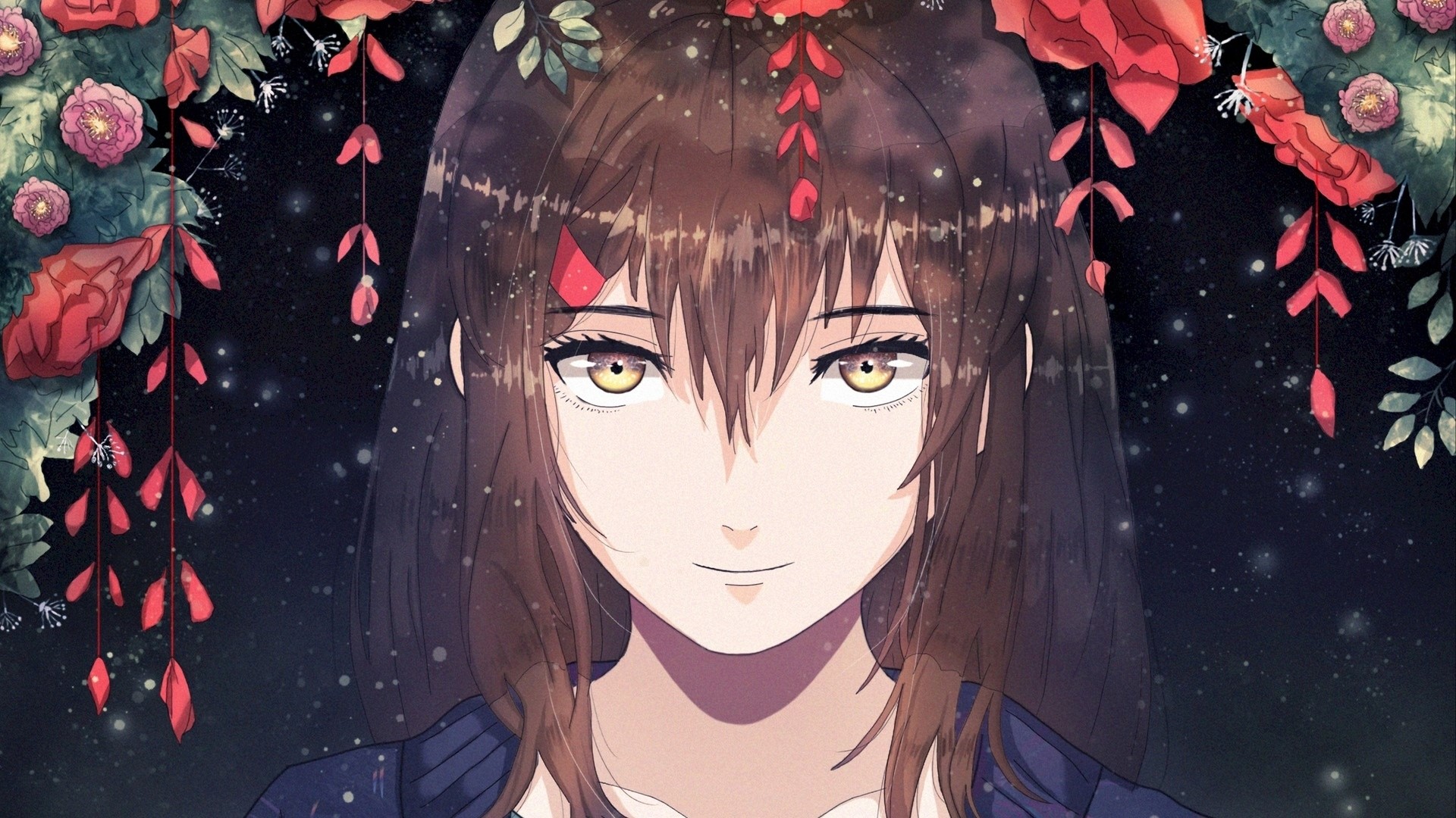 Anime girl with brown hair and yellow eyes HD Wallpaper