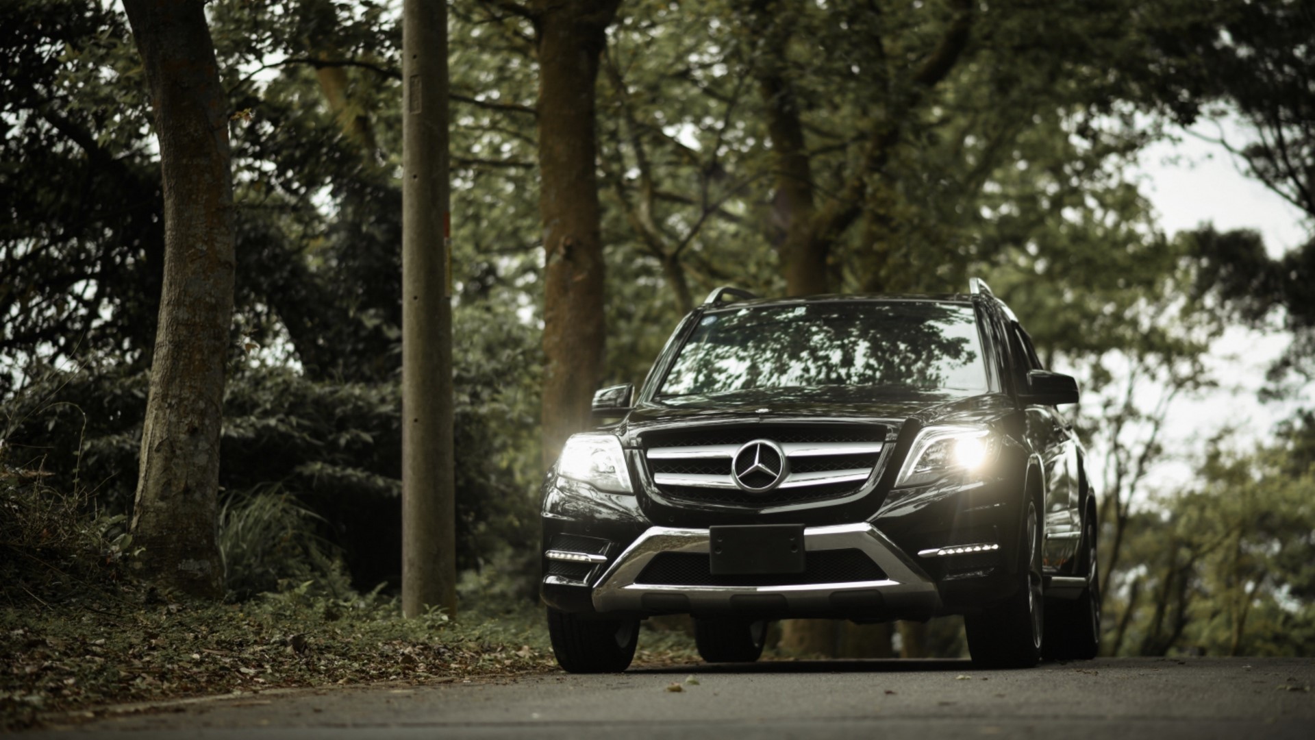 Black Mercedes-Benz GLK350 on a Forest Road HD Wallpaper