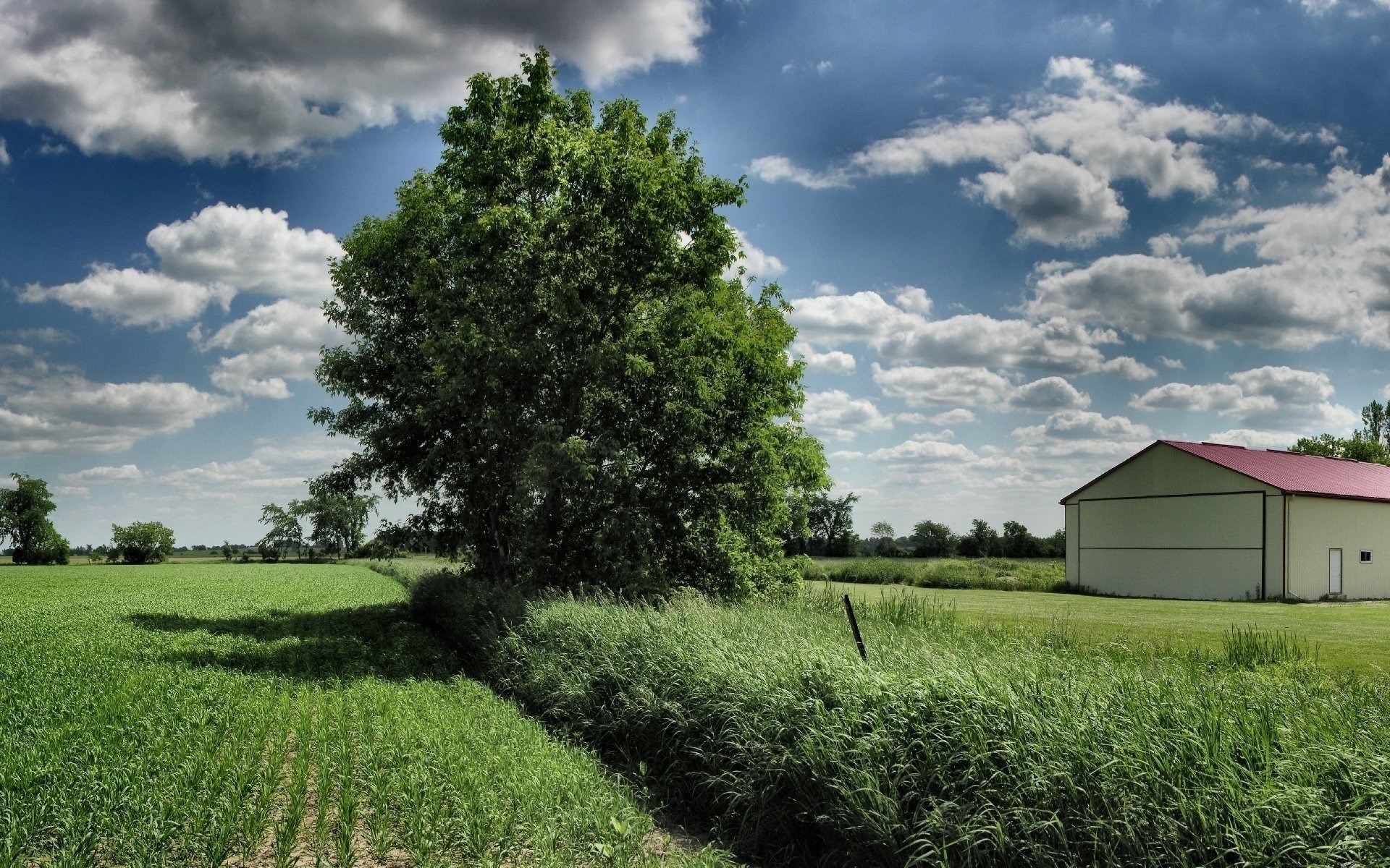 Farm building and fields under a cloudy sky HD Wallpaper