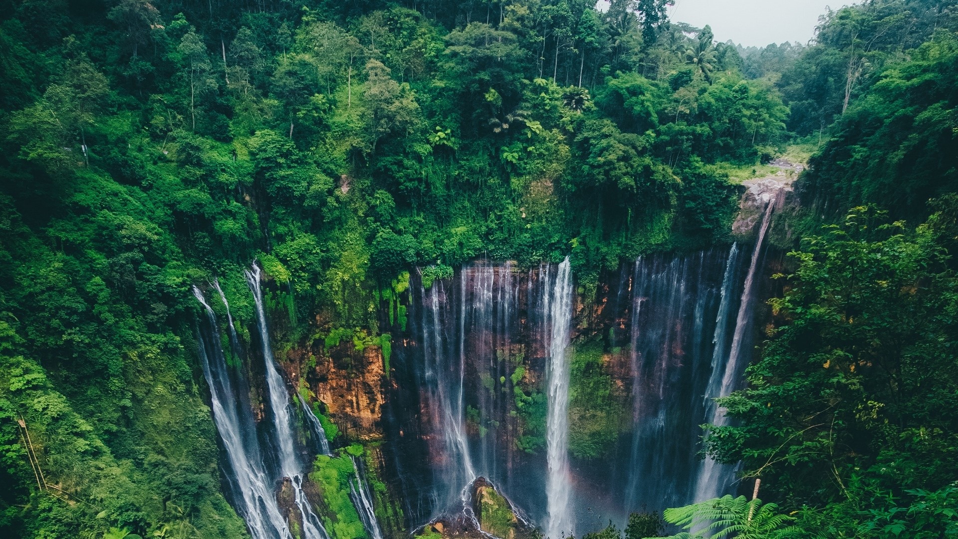 A wide waterfall cascades down a lush green cliffside HD Wallpaper