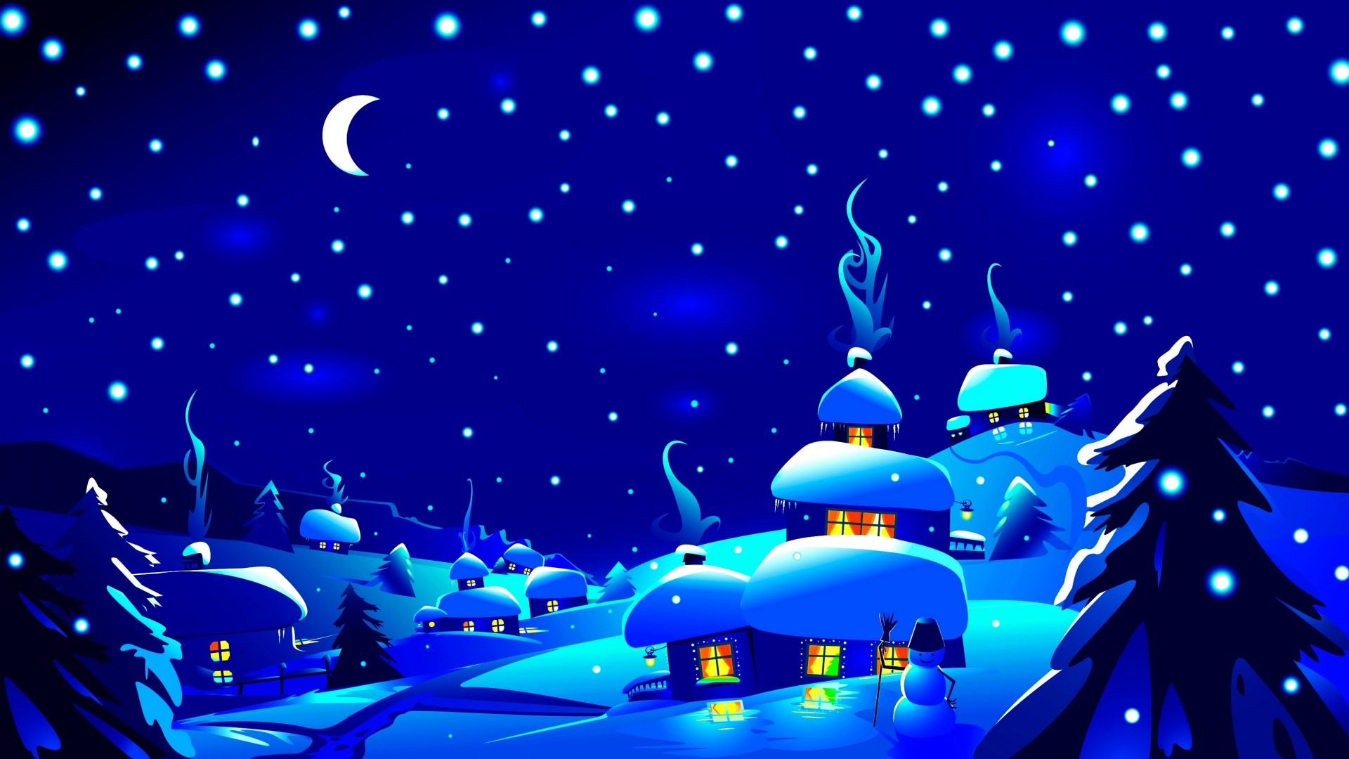 Winter village at night with snow and moon HD Wallpaper