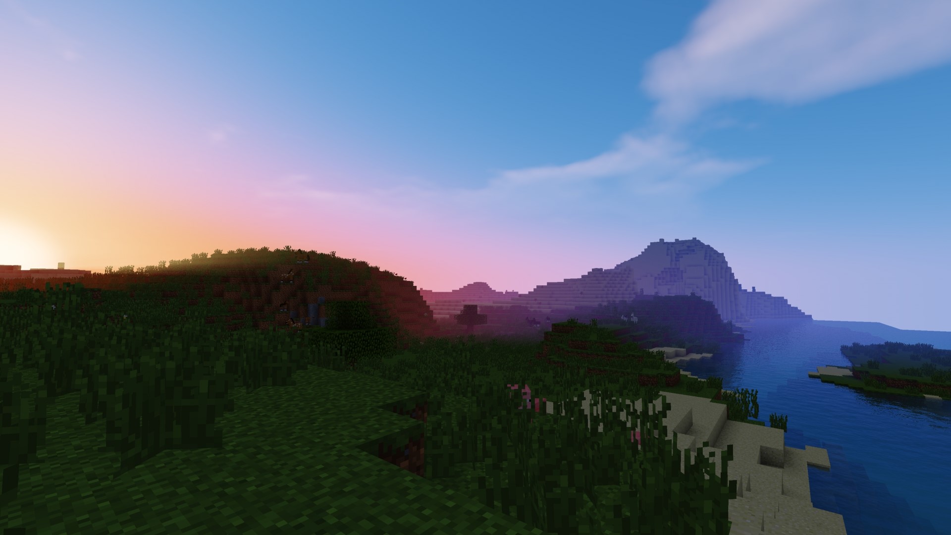 Minecraft landscape with mountains and river at sunset HD Wallpaper
