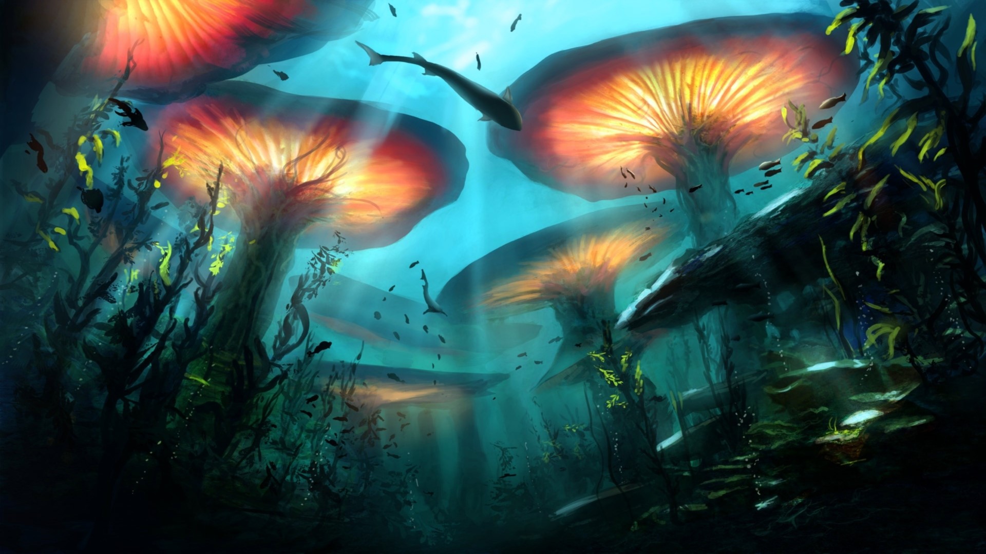 Underwater world with glowing mushrooms and fish HD Wallpaper