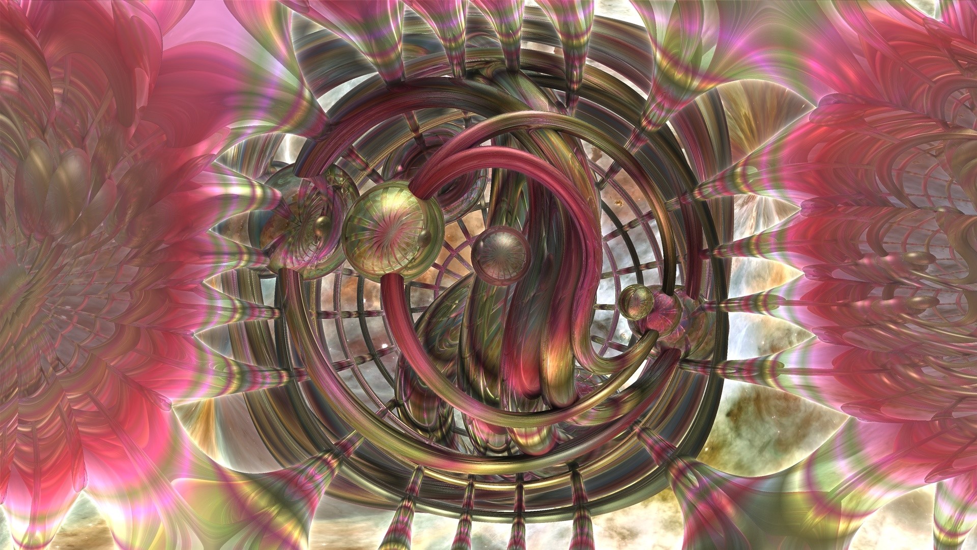 Abstract 3D fractal art with pink and green hues HD Wallpaper