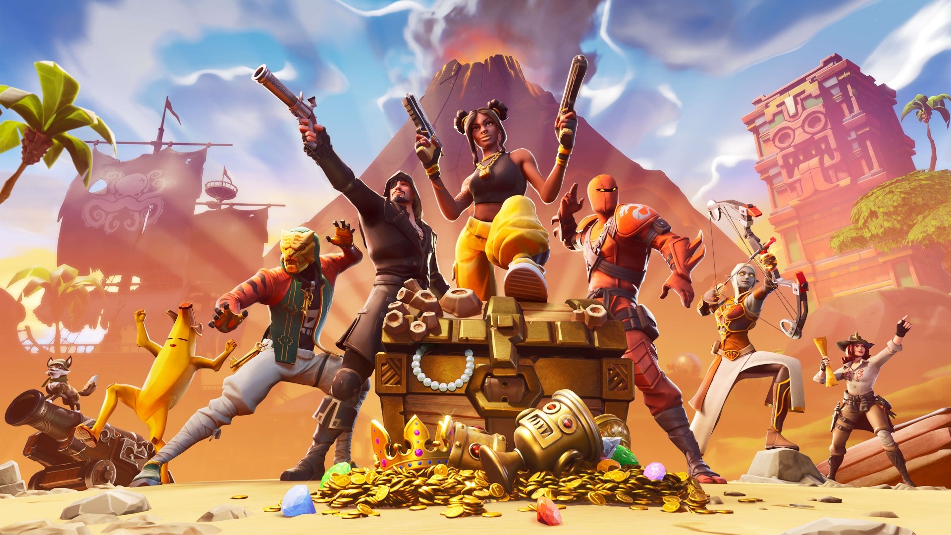Fortnite characters with treasure chest and volcano HD Wallpaper
