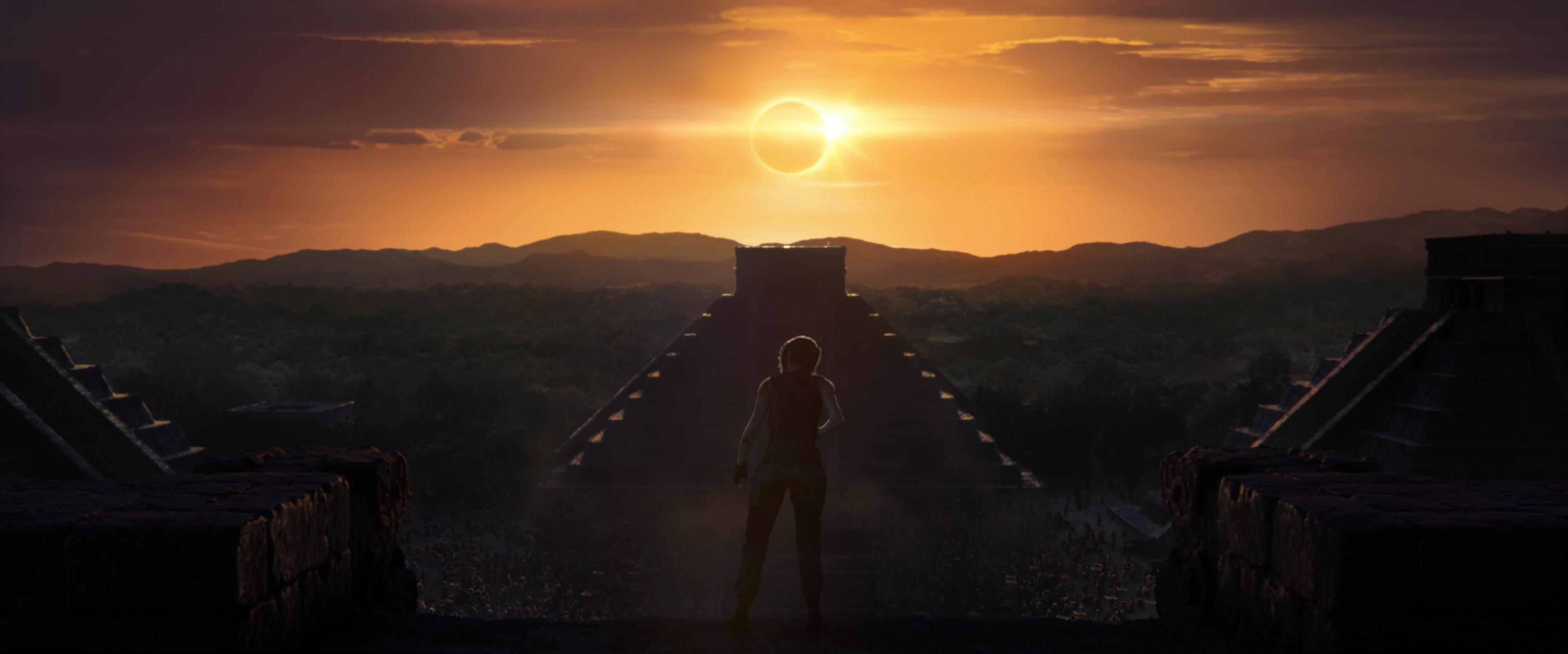 Lara Croft in Shadow of the Tomb Raider during an eclipse HD Wallpaper