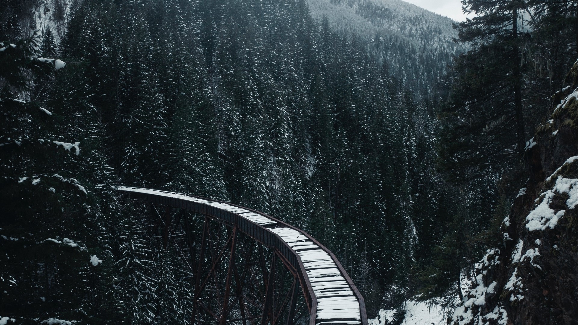 Snow-covered railway bridge in a forest HD Wallpaper