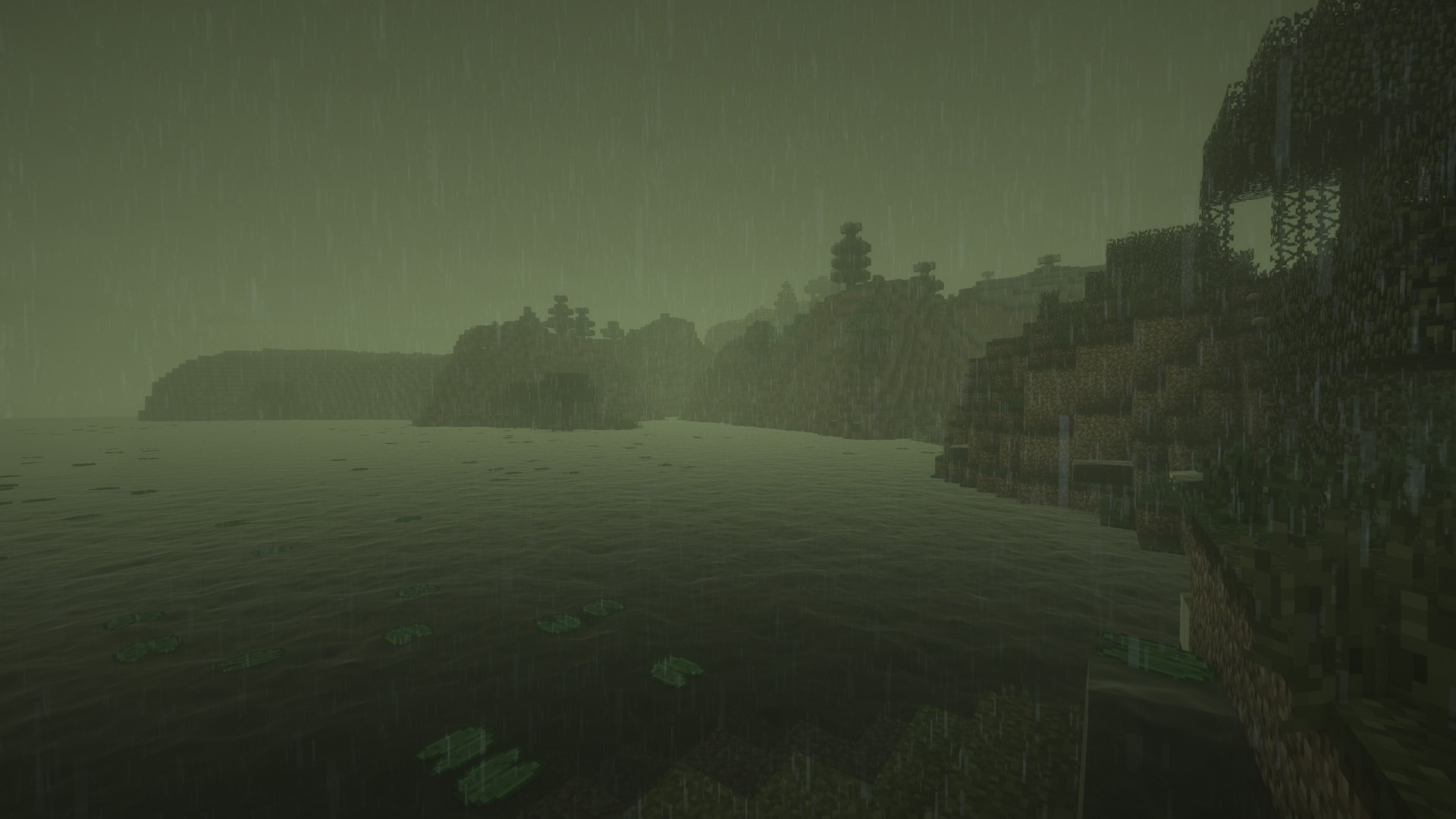 Minecraft landscape with rain and fog HD Wallpaper