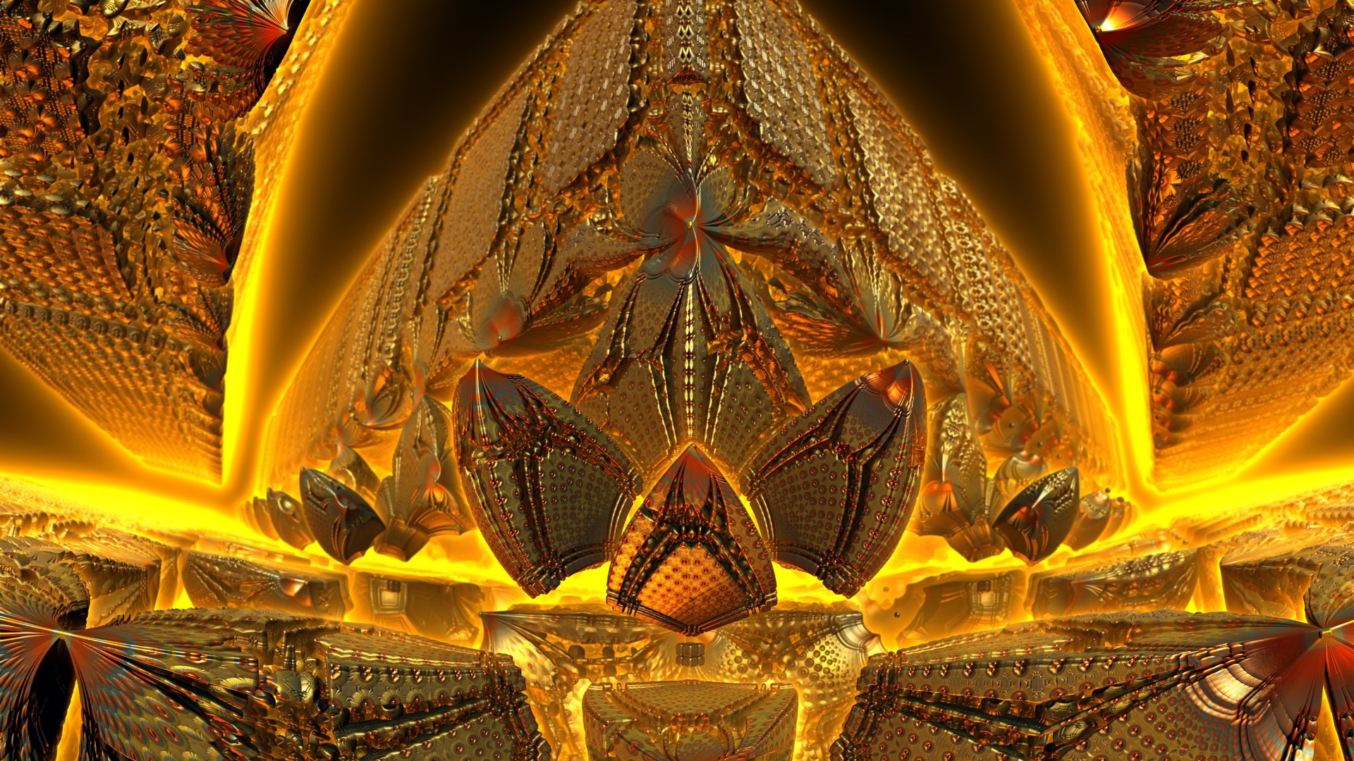Golden fractal structure with glowing yellow light HD Wallpaper