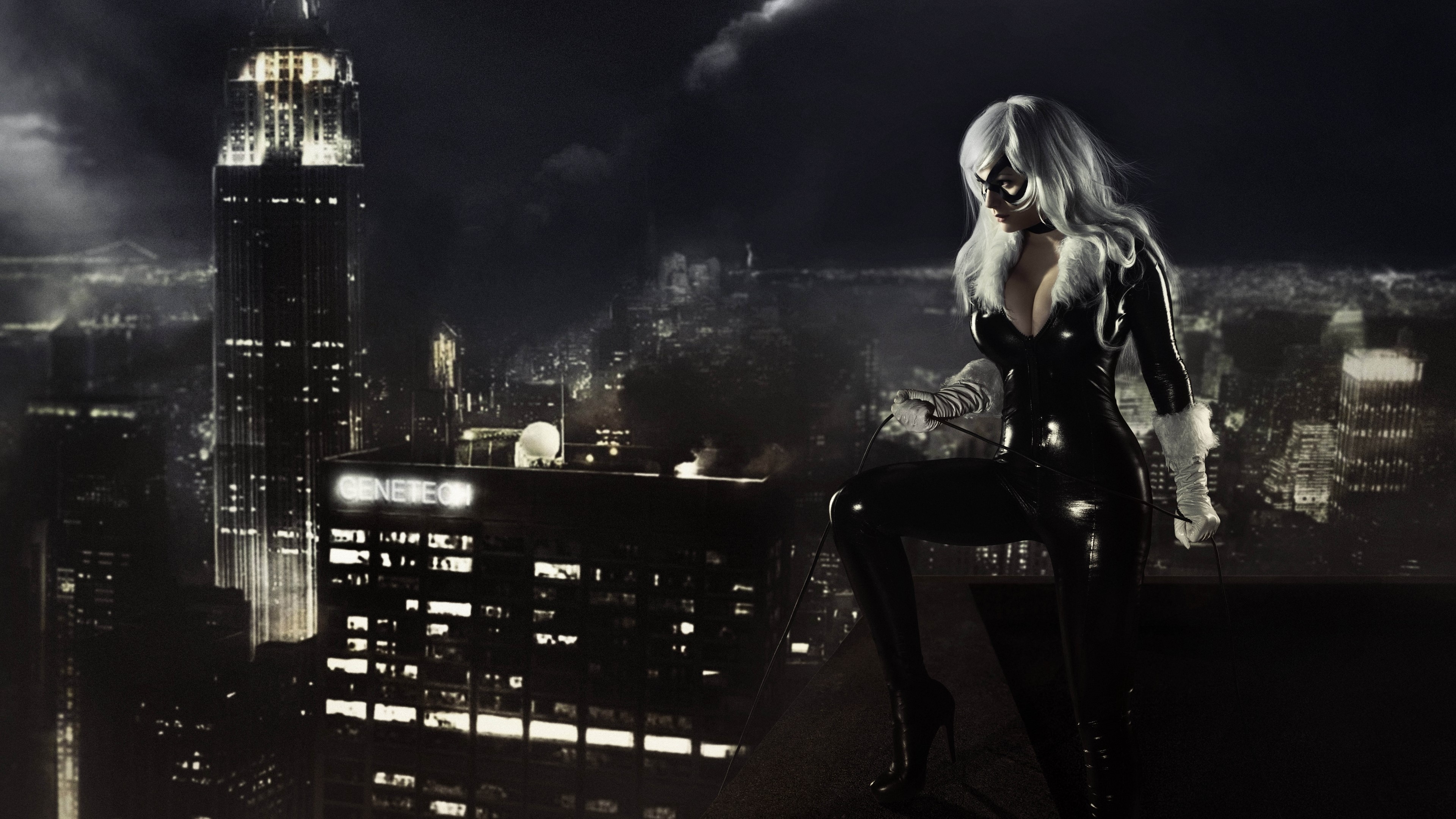 4K Black Cat Cosplay on City Rooftop HD Wallpaper
