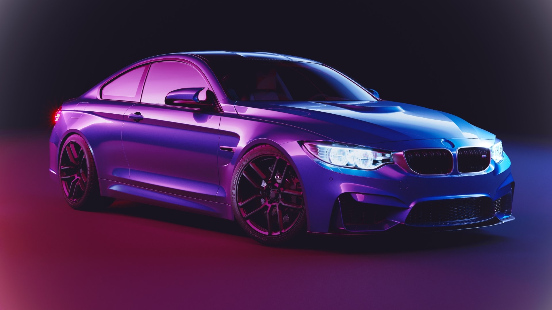 Blue BMW M4 Coupe with Purple and Red Lighting HD Wallpaper
