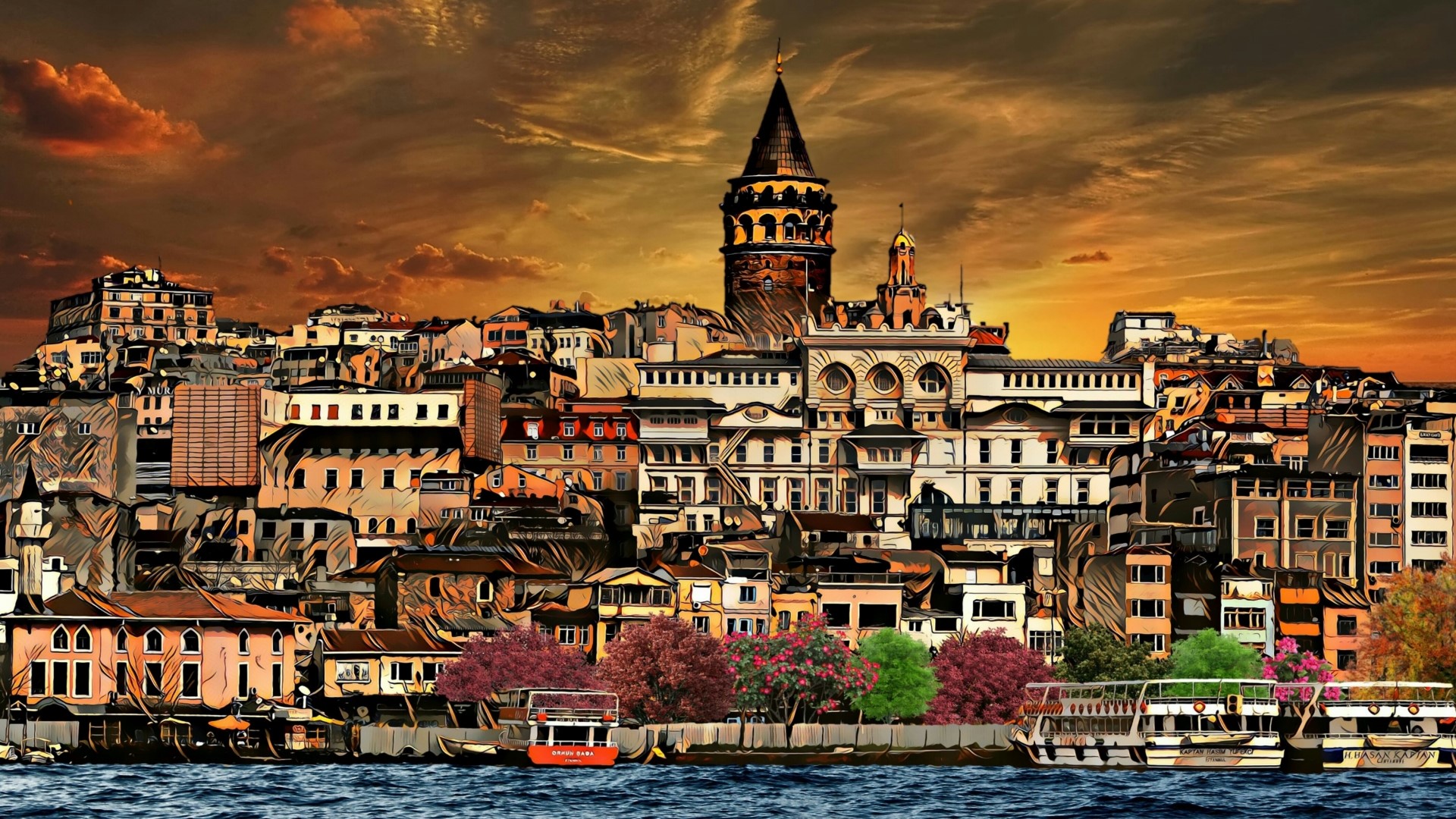 Galata Tower and Istanbul skyline at sunset HD Wallpaper