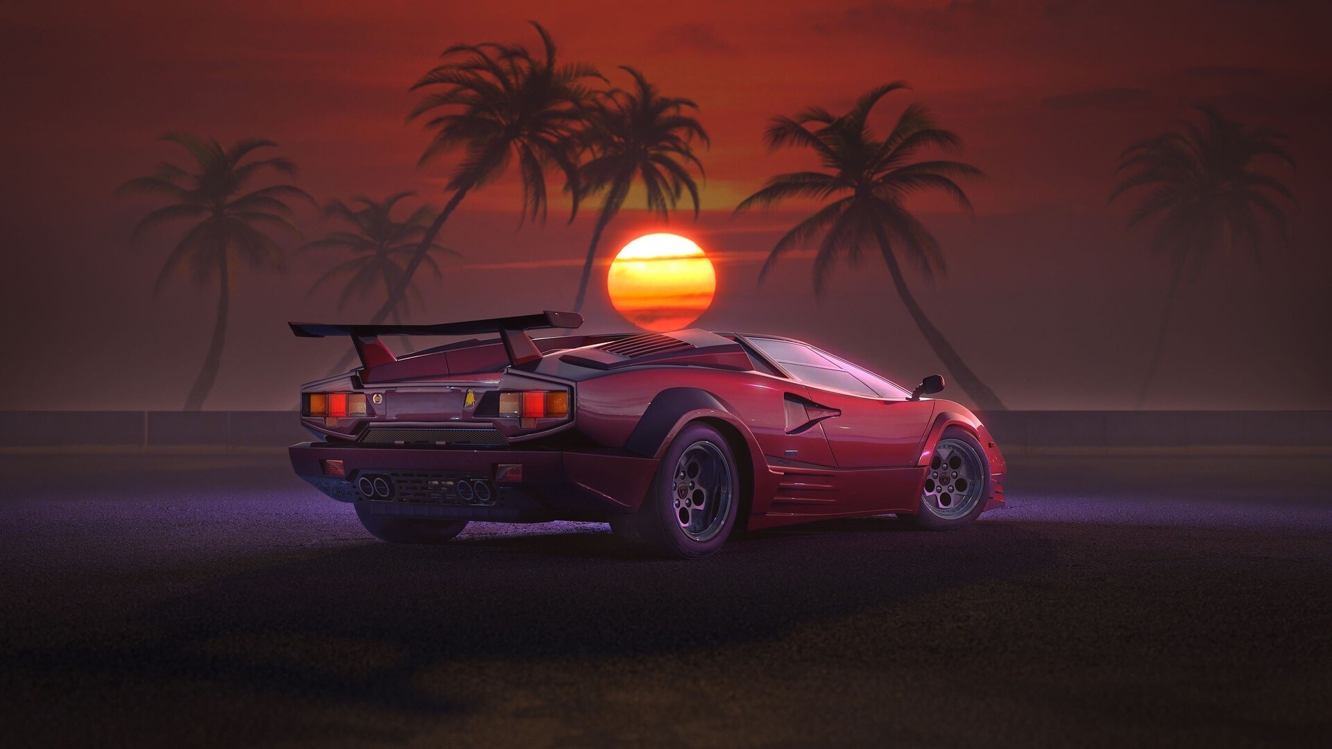 Retrowave Supercar at Sunset HD Wallpaper