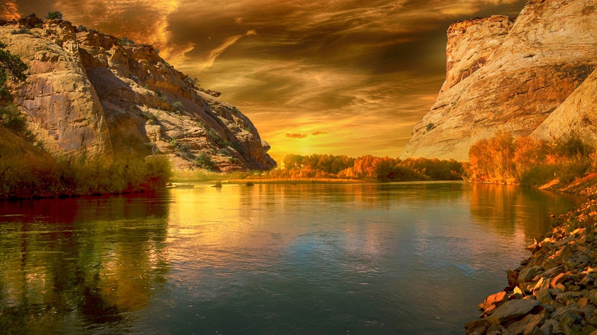River between rocky cliffs at sunset HD Wallpaper