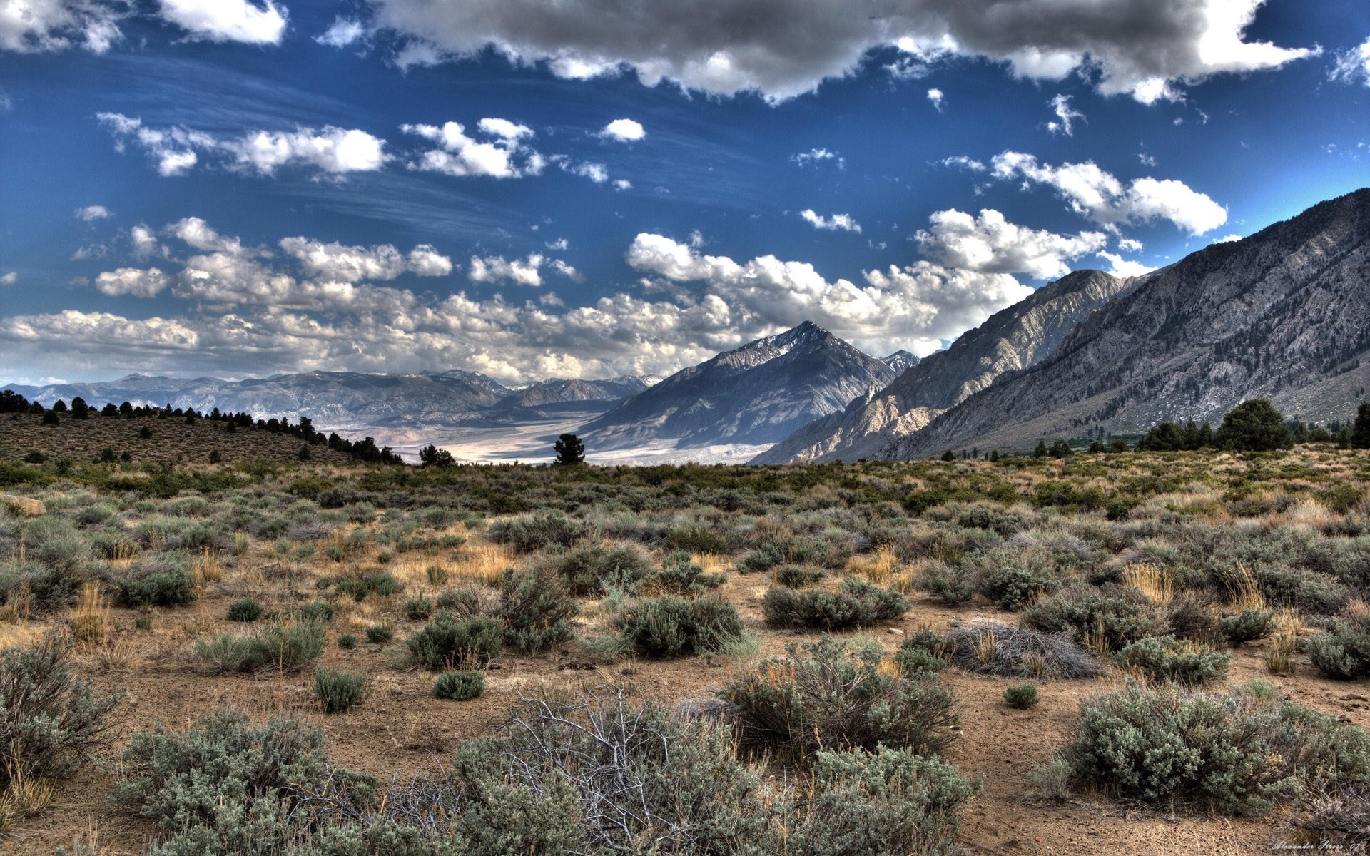 Mountain range with dry brush and clouds HD Wallpaper