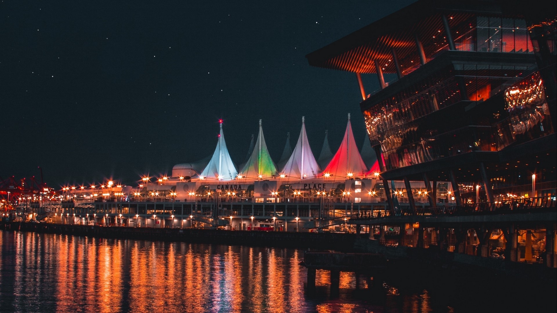 Canada Place at night with colorful lights HD Wallpaper