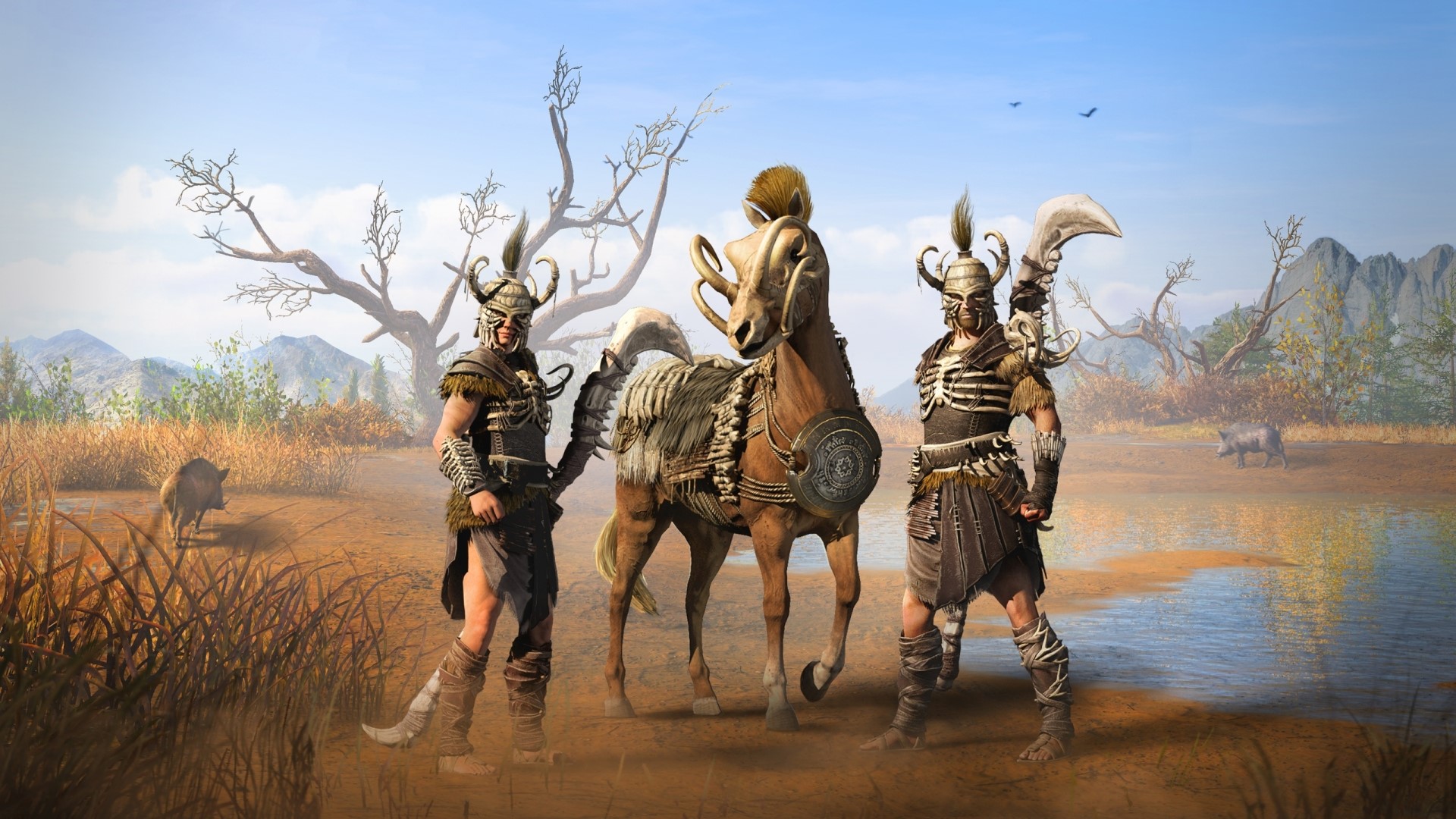 Two warriors and a skeletal horse in Assassin's Creed Odyssey HD Wallpaper