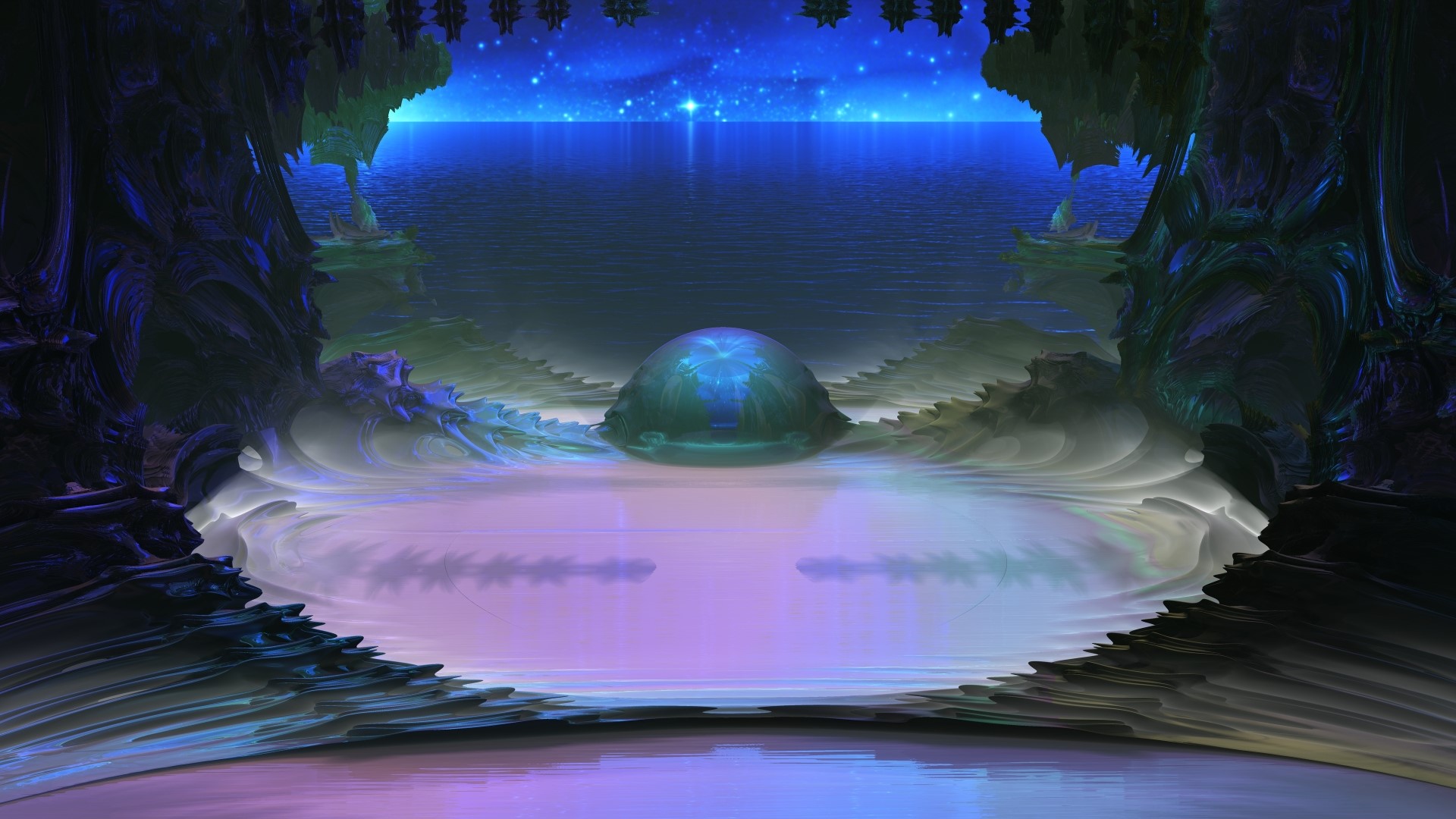 3D landscape with glowing orb and starry sky HD Wallpaper